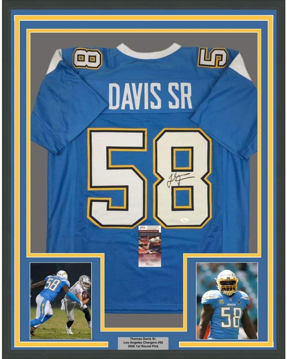 Framed Autographed/Signed Thomas Davis Sr. 35x39 Los Angeles LA Powder Blue Football Jersey JSA COA