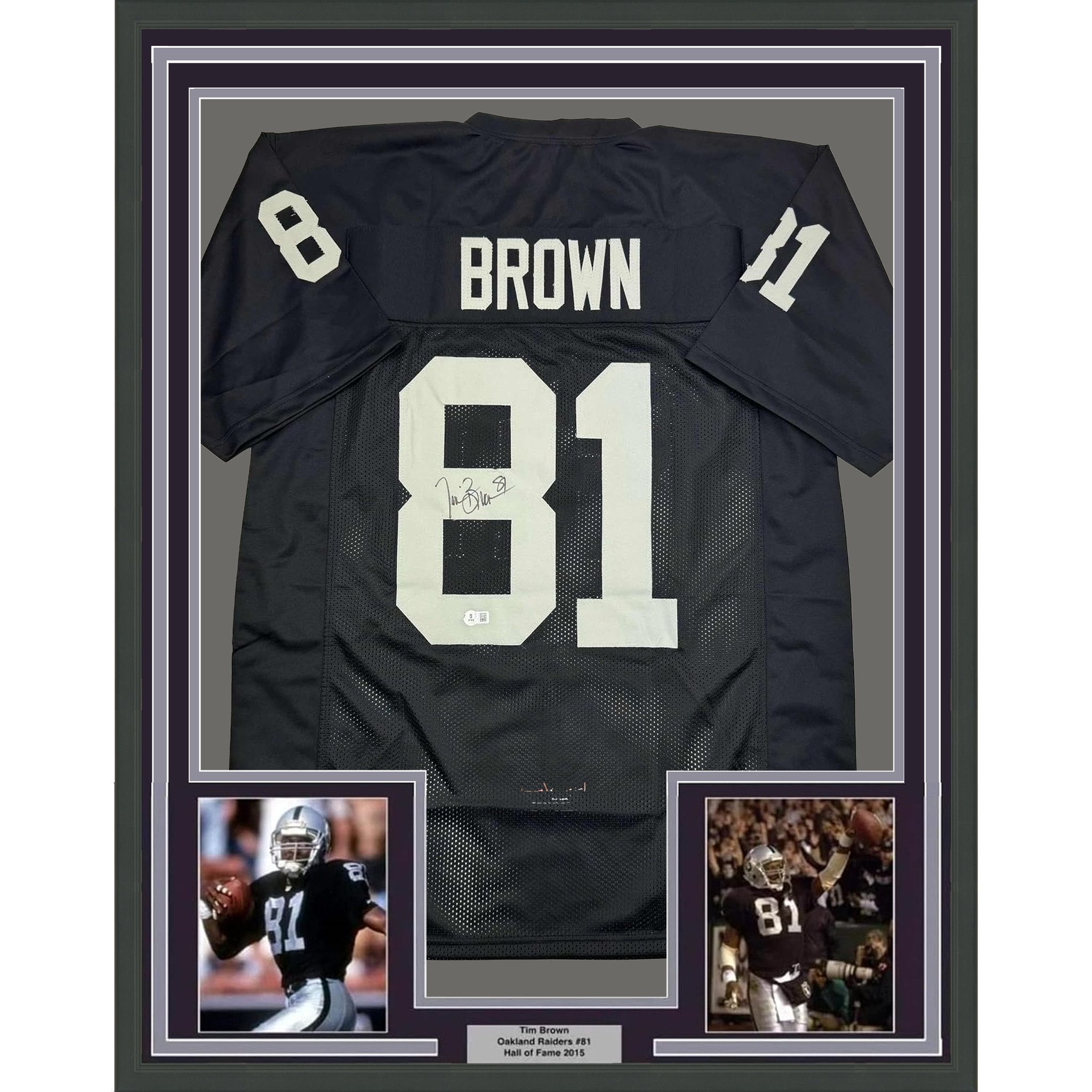 Framed Autographed/Signed Tim Brown 35x39 Oakland Black Football Jersey Beckett BAS COA