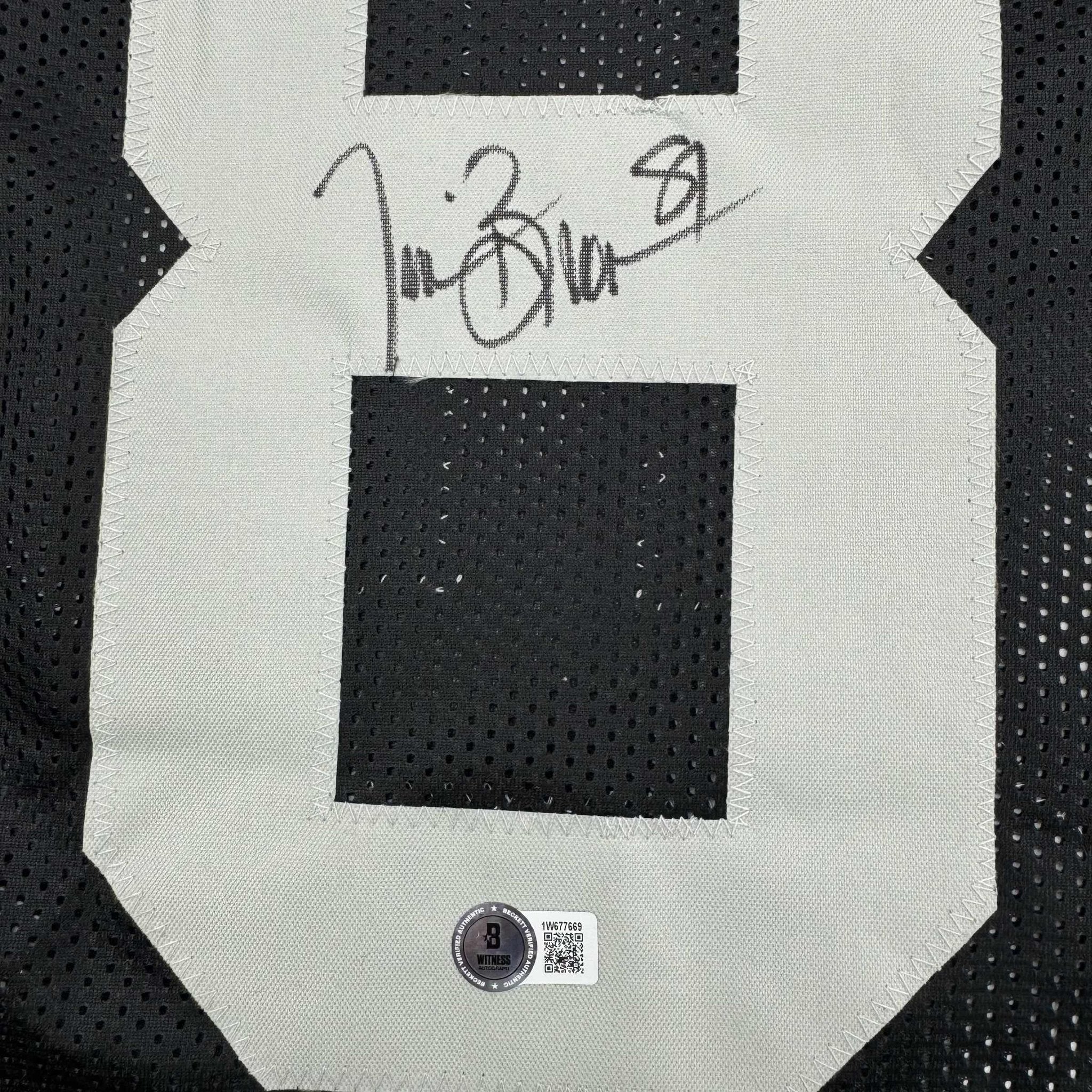 Framed Autographed/Signed Tim Brown 35x39 Oakland Black Football Jersey Beckett BAS COA