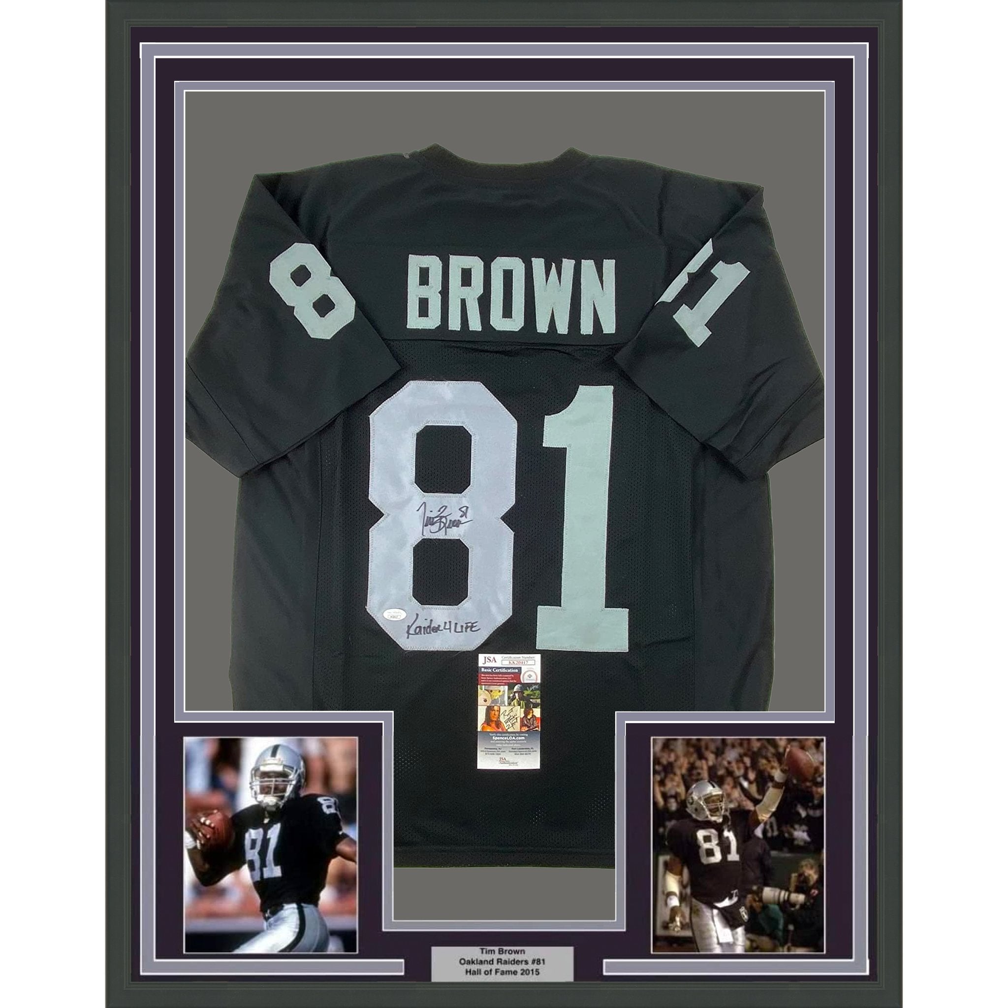 Framed Autographed/Signed Tim Brown 35x39 Raider 4 Life Oakland Black Football Jersey JSA COA