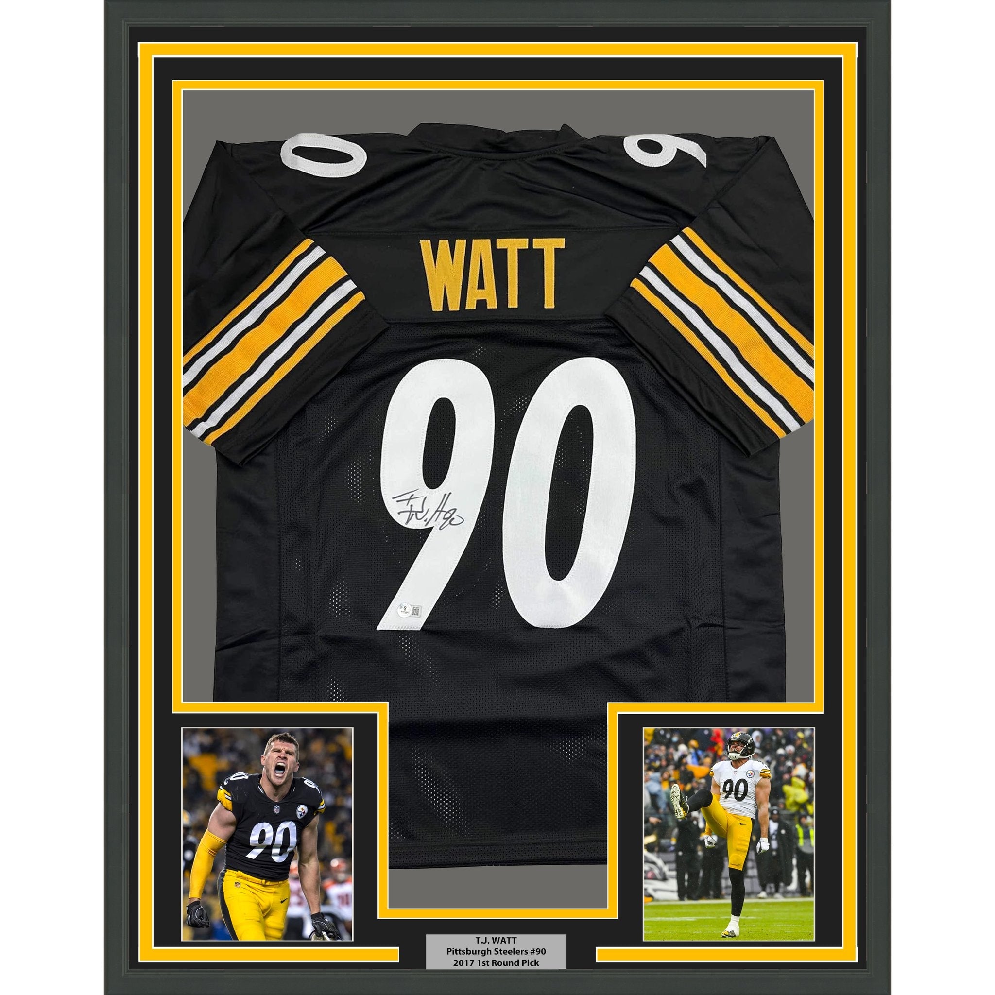 Framed Autographed/Signed T.J. Watt 35x39 Pittsburgh Black Football Jersey Beckett BAS COA