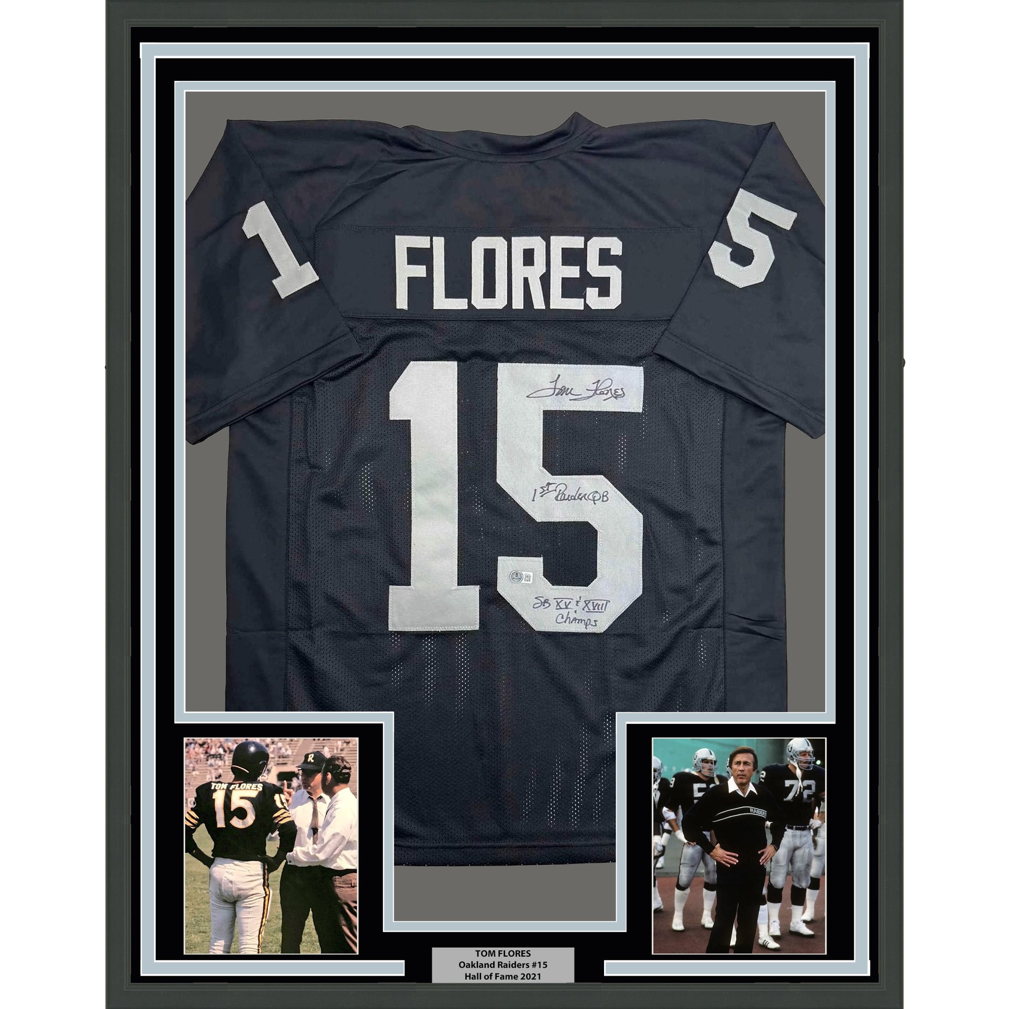 Framed Autographed/Signed Tom Flores 35x39 Las Vegas Oakland Black Football Jersey Beckett BAS COA