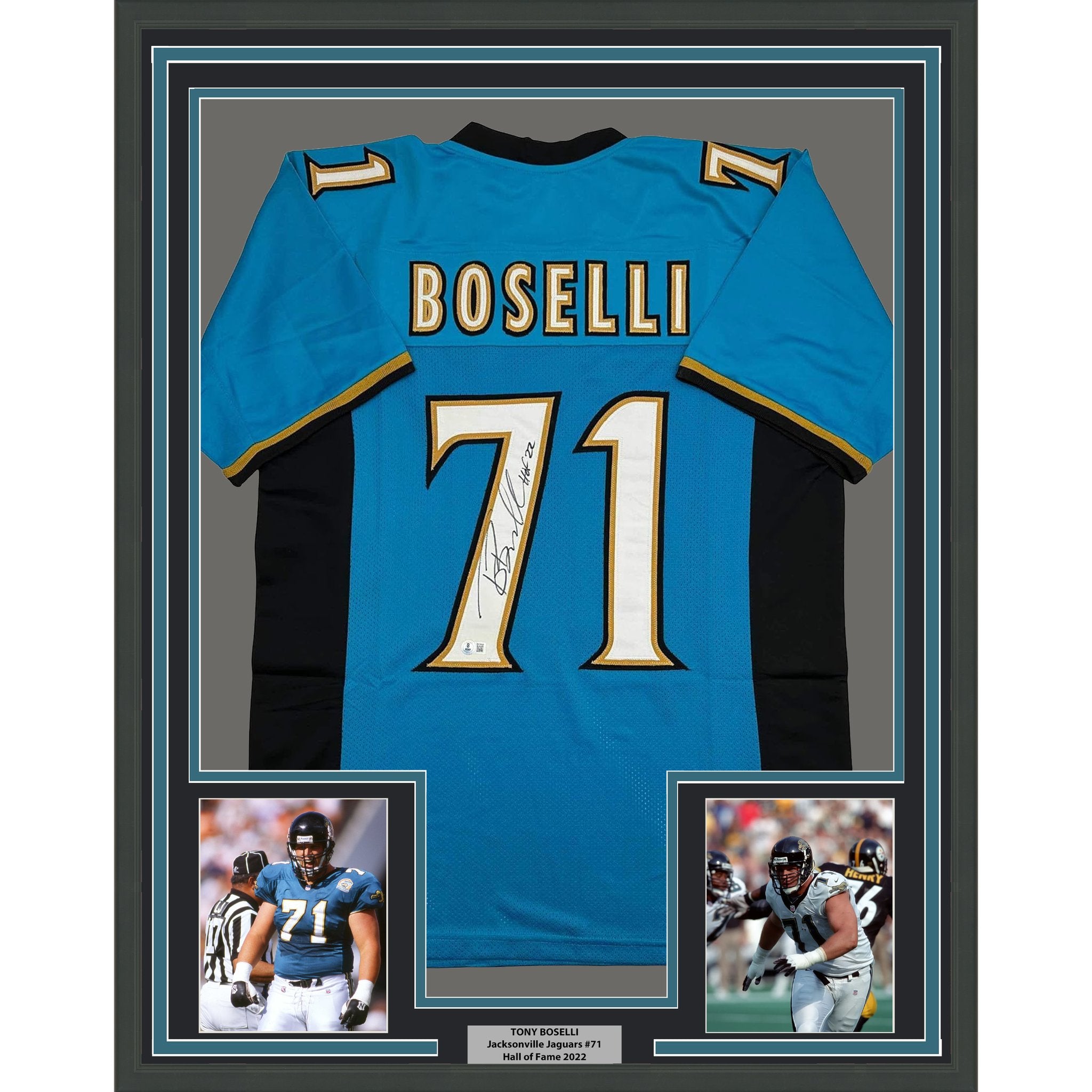 Framed Autographed/Signed Tony Boselli 35x39 HOF 22 Jacksonville Teal Football Jersey Beckett BAS COA