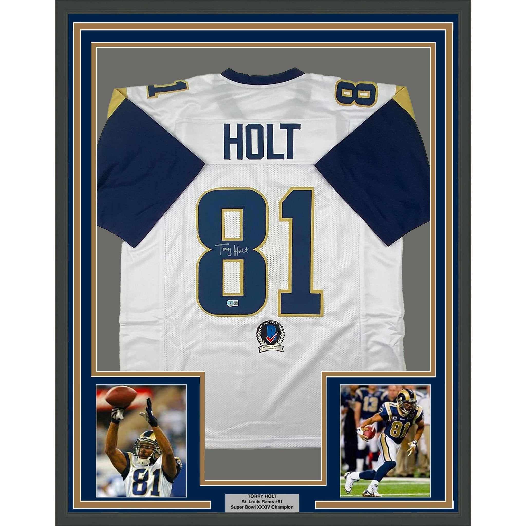 Framed Autographed/Signed Torry Holt 35x39 St. Louis White Football Jersey Beckett BAS COA
