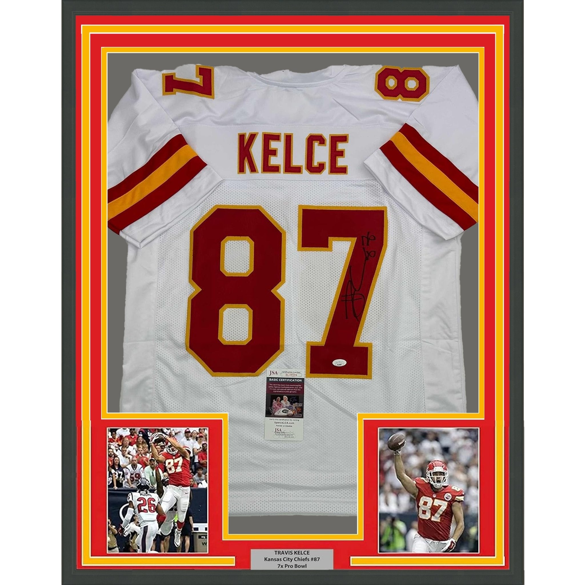 Framed Autographed/Signed Travis Kelce 35x39 Kansas City KC White Football Jersey JSA COA