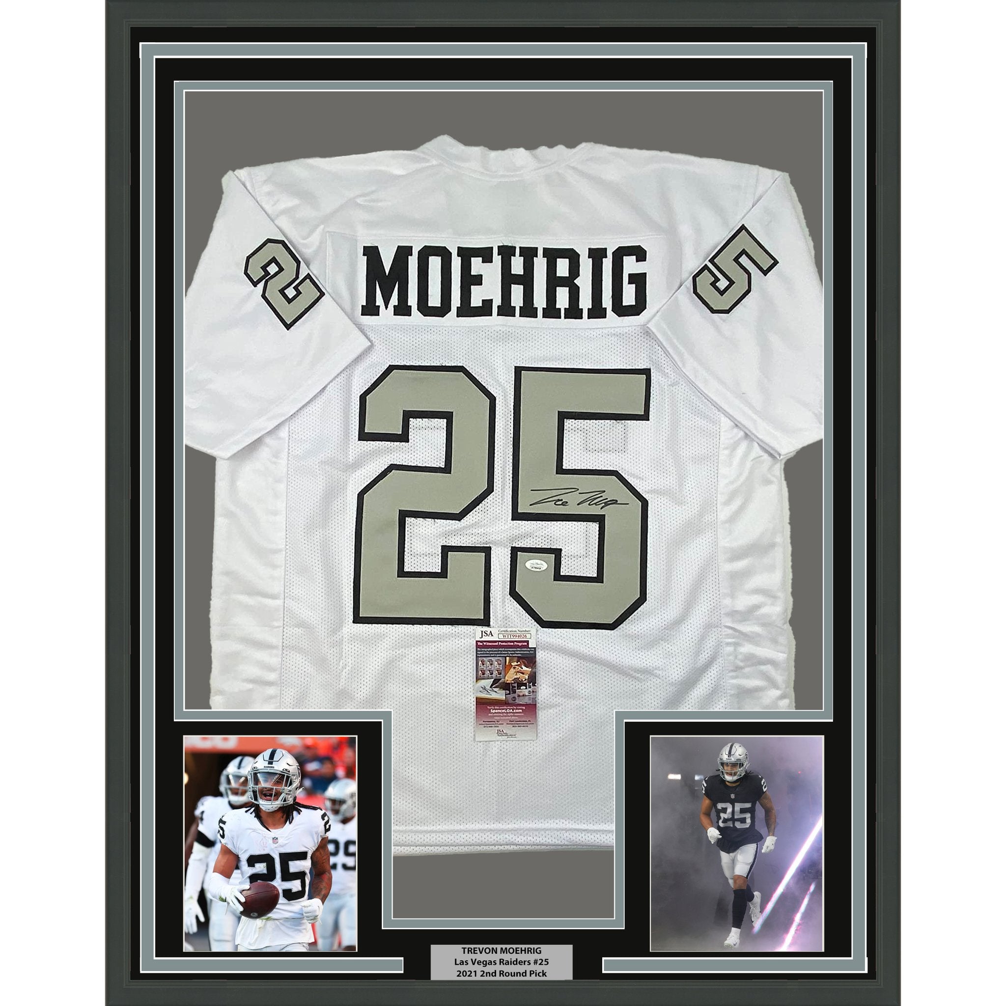 Framed Autographed/Signed Trevon Moehrig 35x39 Las Vegas Oakland White Color Rush Football Jersey JSA COA
