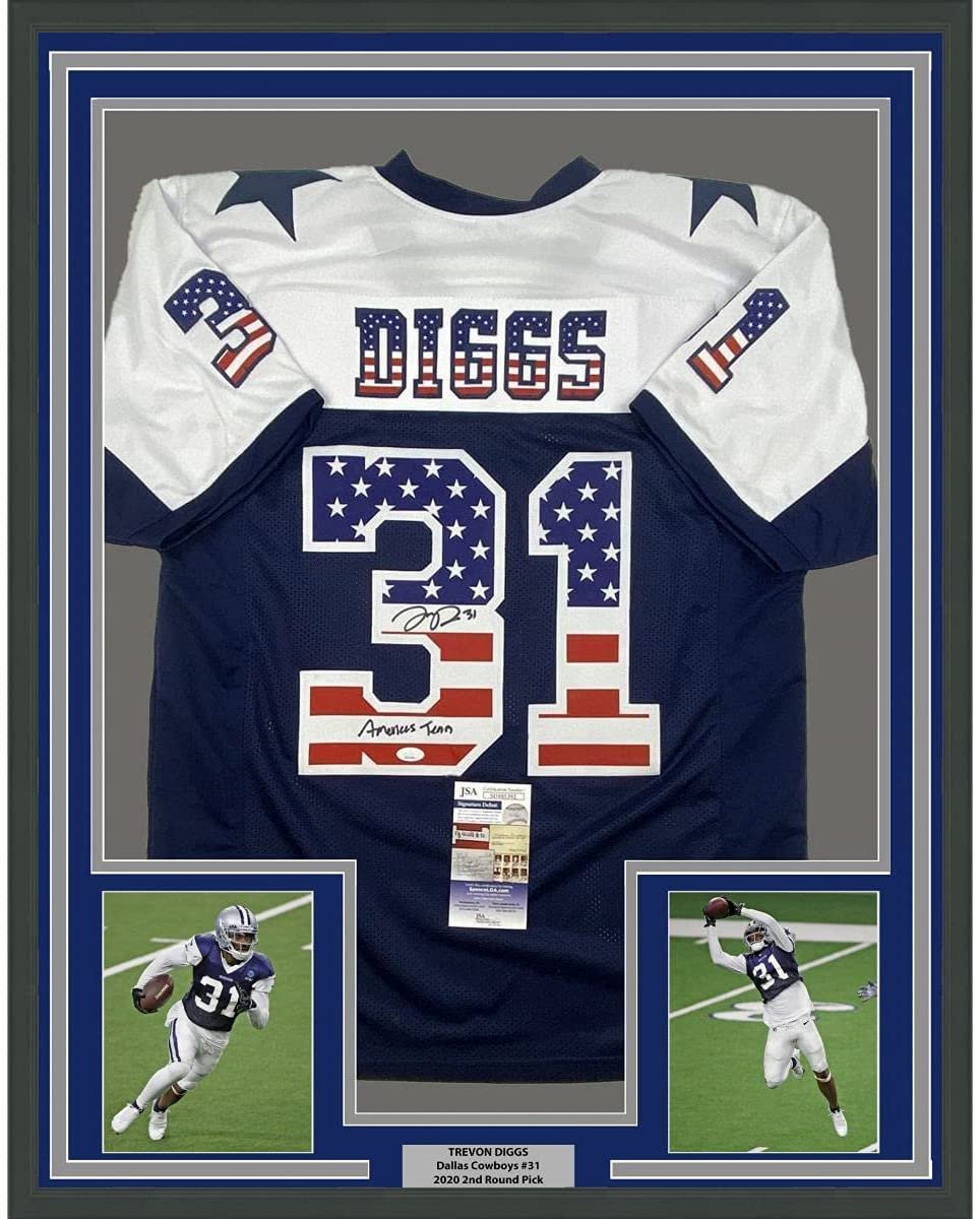 Framed Autographed/Signed Trevon Diggs 35x39 America's Team Dallas Blue Football Jersey JSA COA