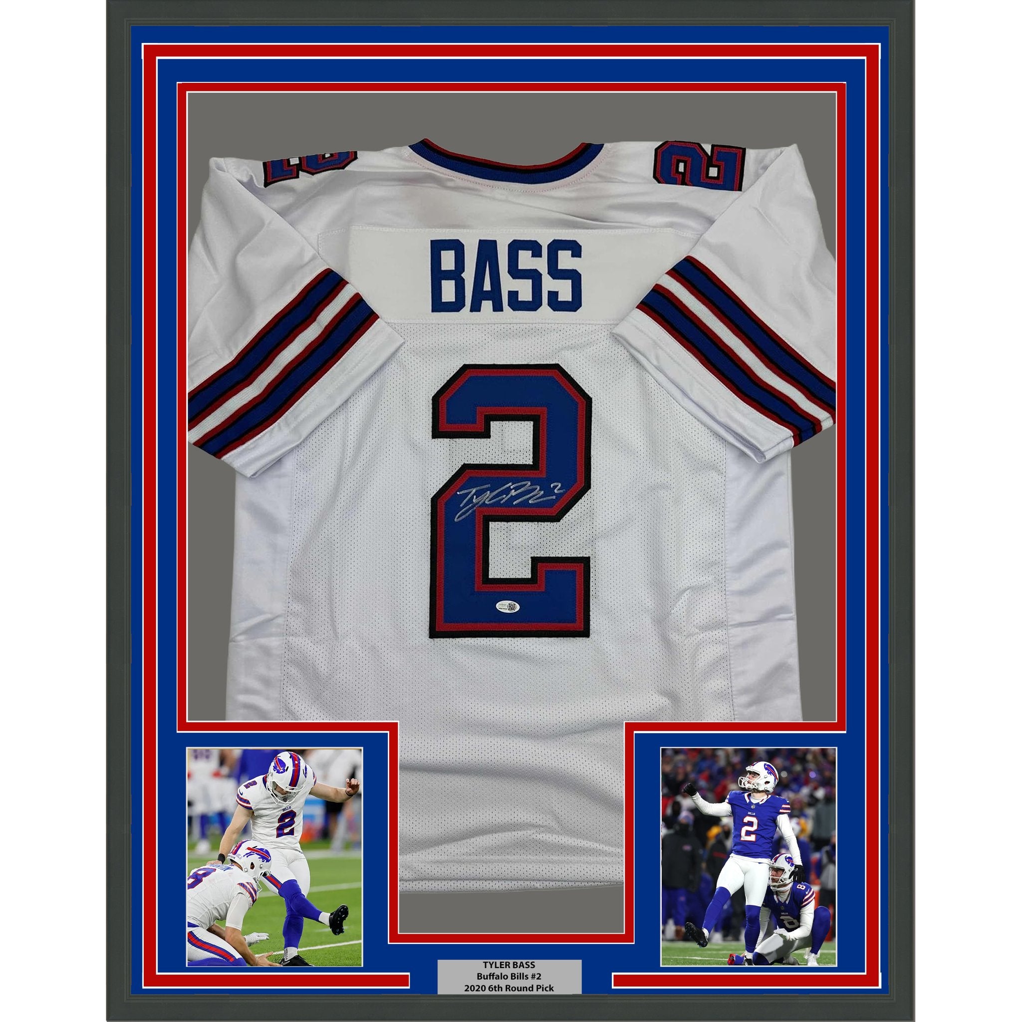 Framed Autographed/Signed Tyler Bass 35x39 Buffalo White Football Jersey JSA COA