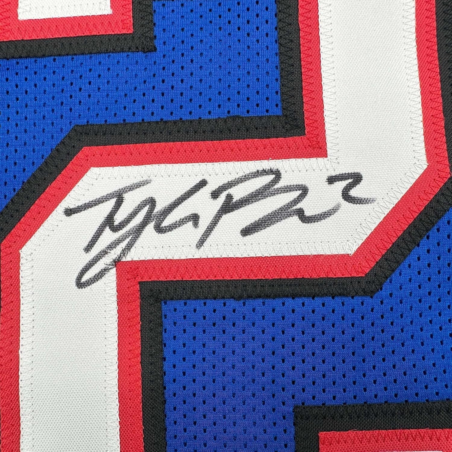 Framed Autographed/Signed Tyler Bass 35x39 Buffalo Blue Football Jersey JSA COA