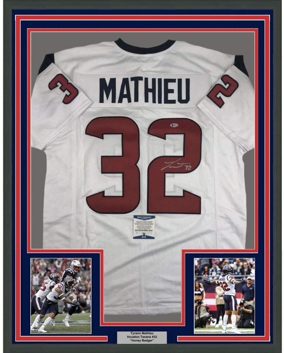 Framed Autographed/Signed Tyrann Mathieu 35x39 Houston White Football Jersey Beckett BAS COA