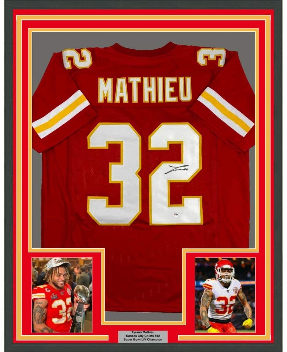 Framed Autographed/Signed Tyrann Mathieu 35x39 Kansas City Red Football Jersey PSA/DNA COA