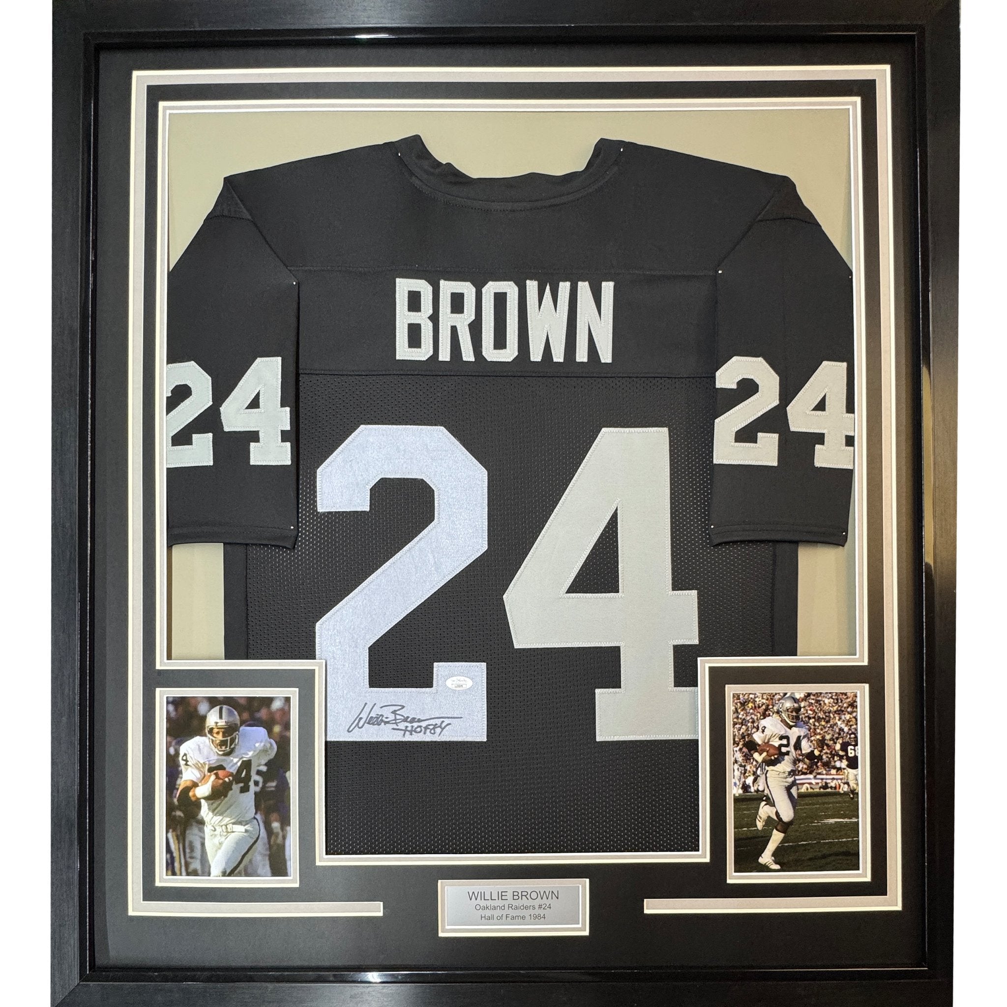 Framed Autographed/Signed Willie Brown 35x39 HOF 84 Las Vegas Oakland Black Football Jersey JSA COA