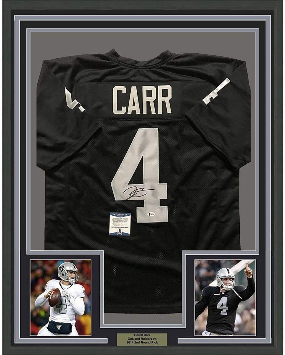 Framed Autographed/Signed Derek Carr 35x39 Oakland Black Football Jersey Beckett BAS COA