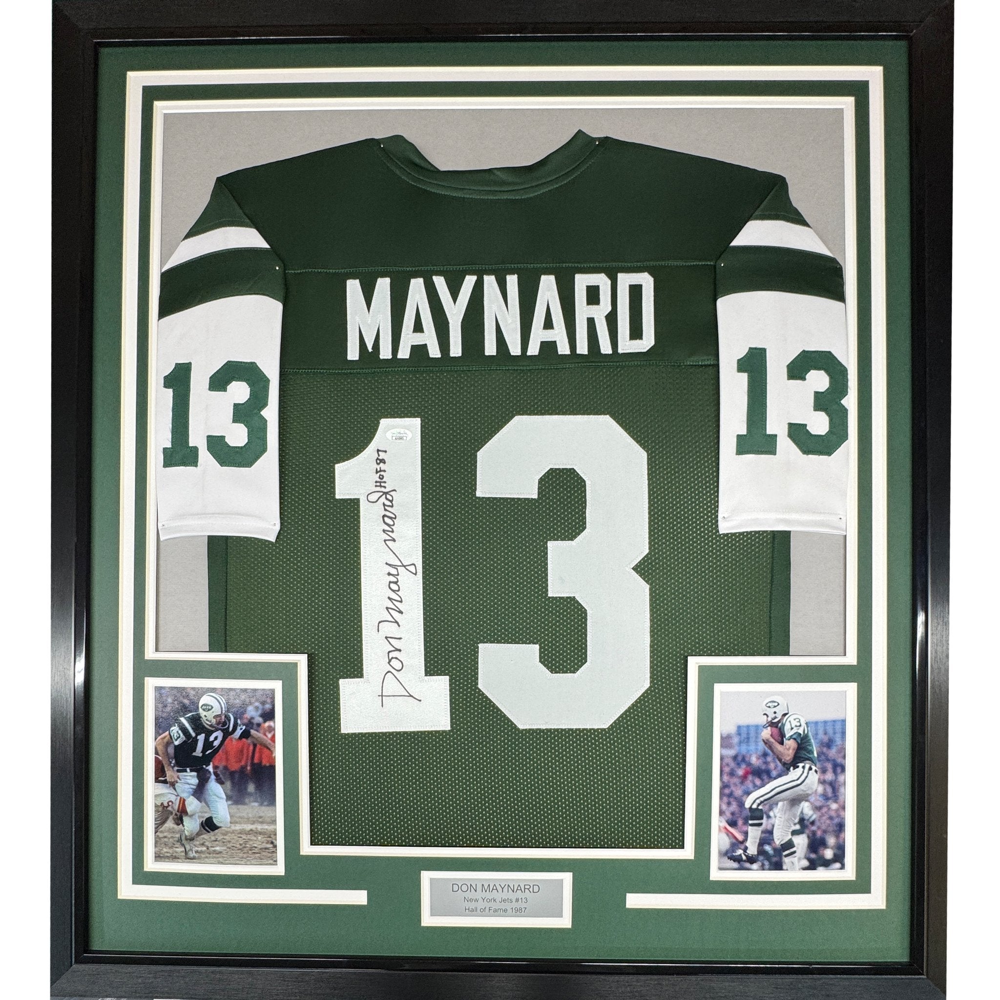 Framed Autographed/Signed Don Maynard HOF 87 35x39 New York Green Football Jersey JSA COA