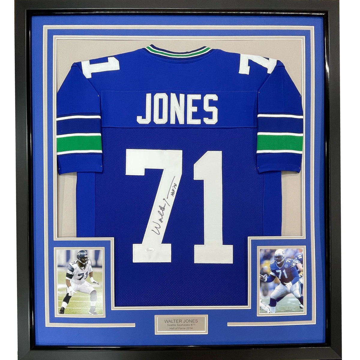 Framed Autographed/Signed Walter Jones HOF 14 35x39 Seattle Blue Football Jersey JSA COA