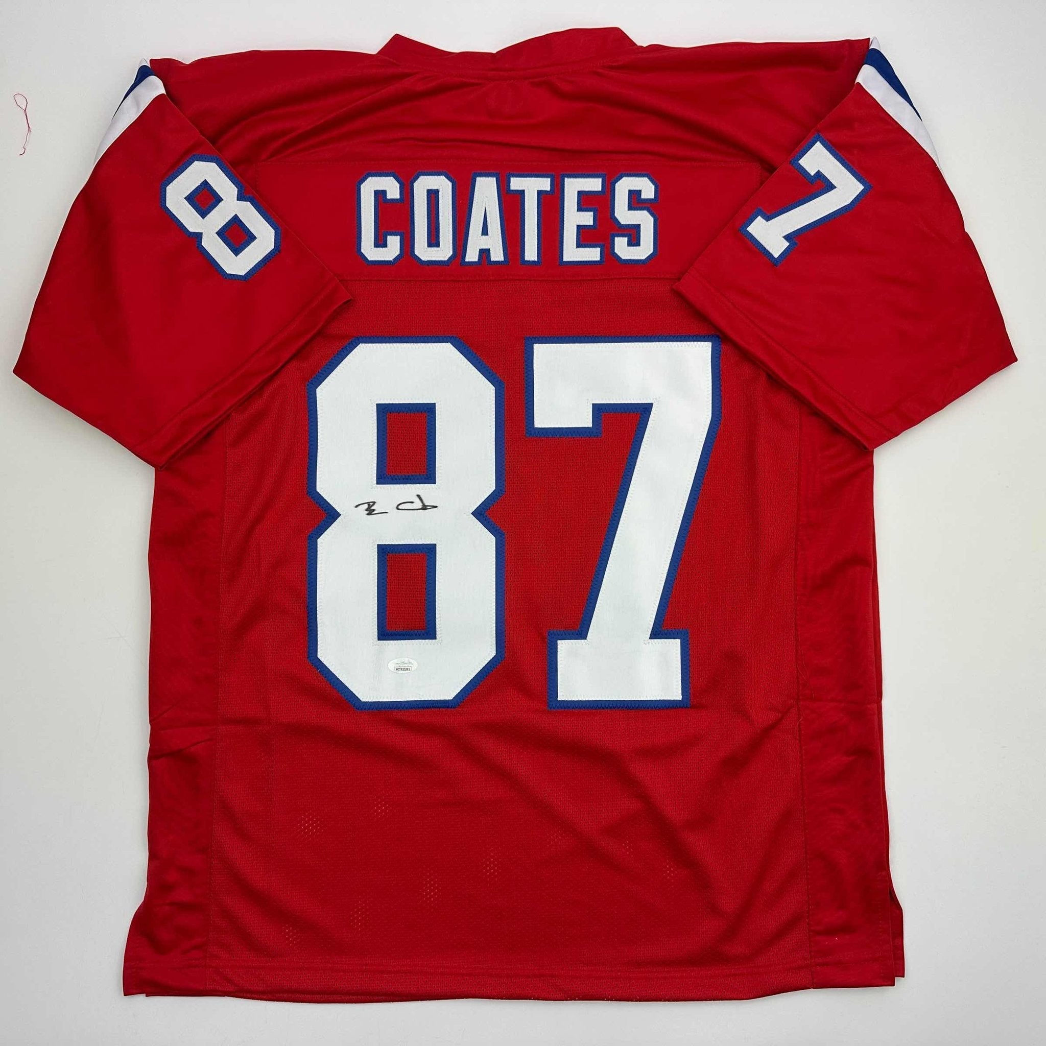 Autographed/Signed Ben Coates New England Red Football Jersey JSA COA