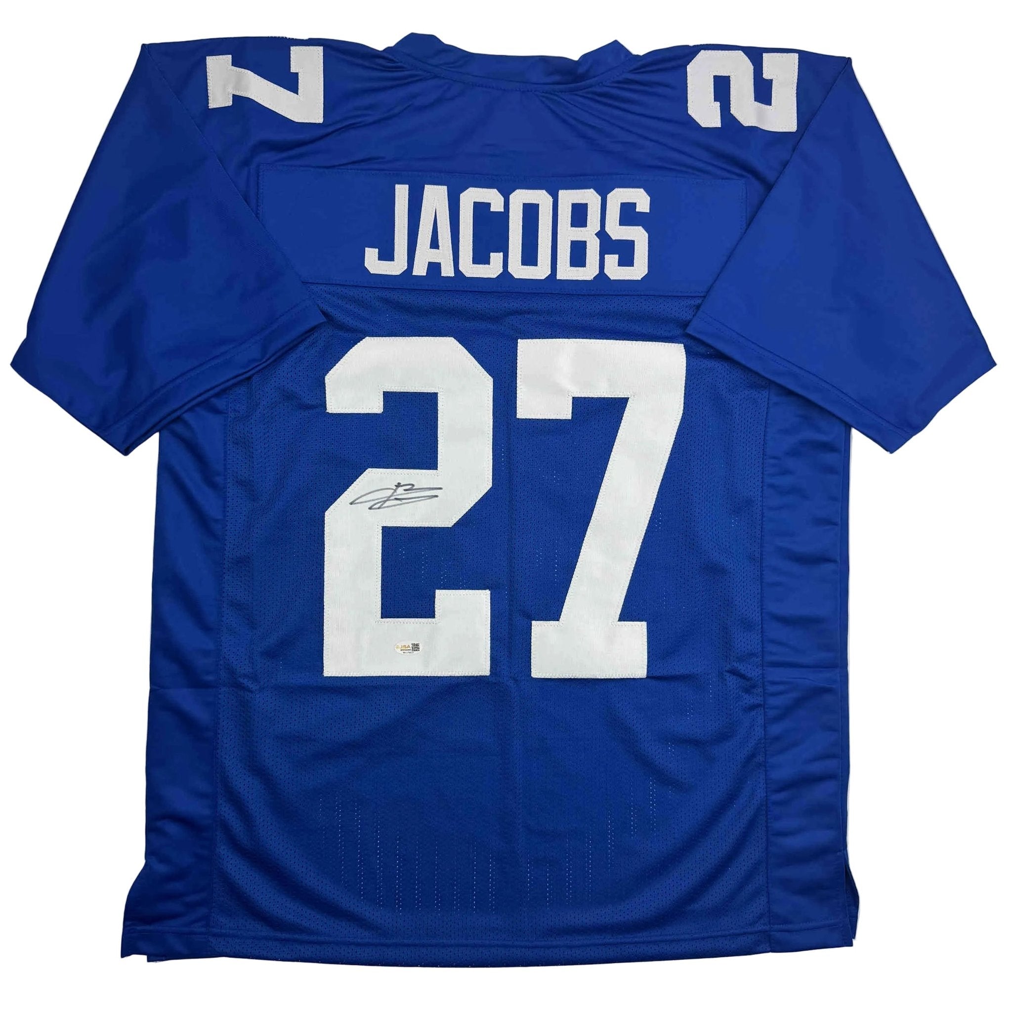 Autographed/Signed Brandon Jacobs New York Blue Football Jersey Beckett BAS COA