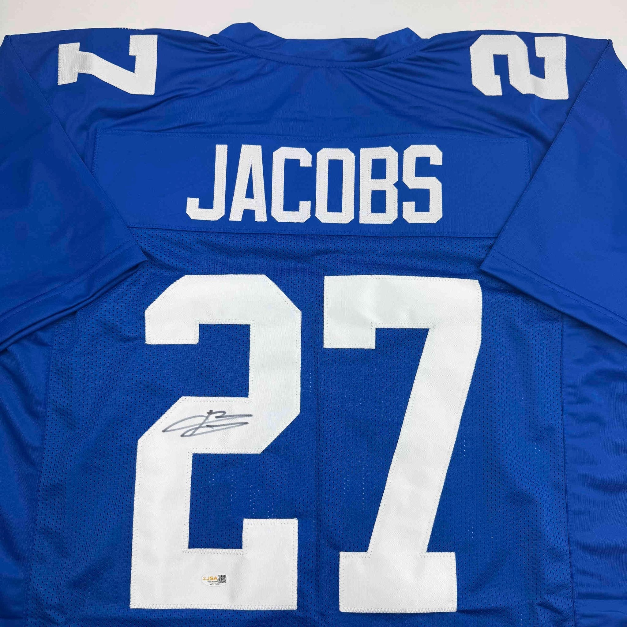 Autographed/Signed Brandon Jacobs New York Blue Football Jersey Beckett BAS COA