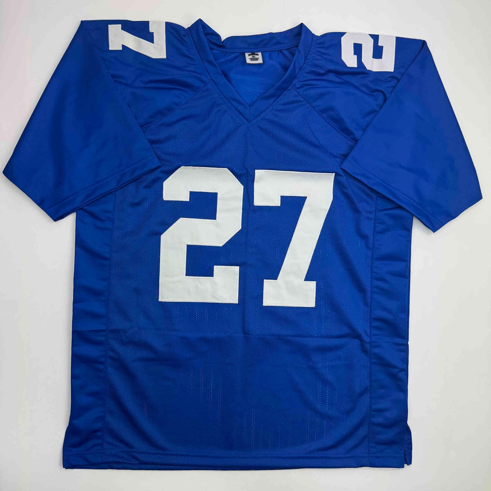Autographed/Signed Brandon Jacobs New York Blue Football Jersey Beckett BAS COA