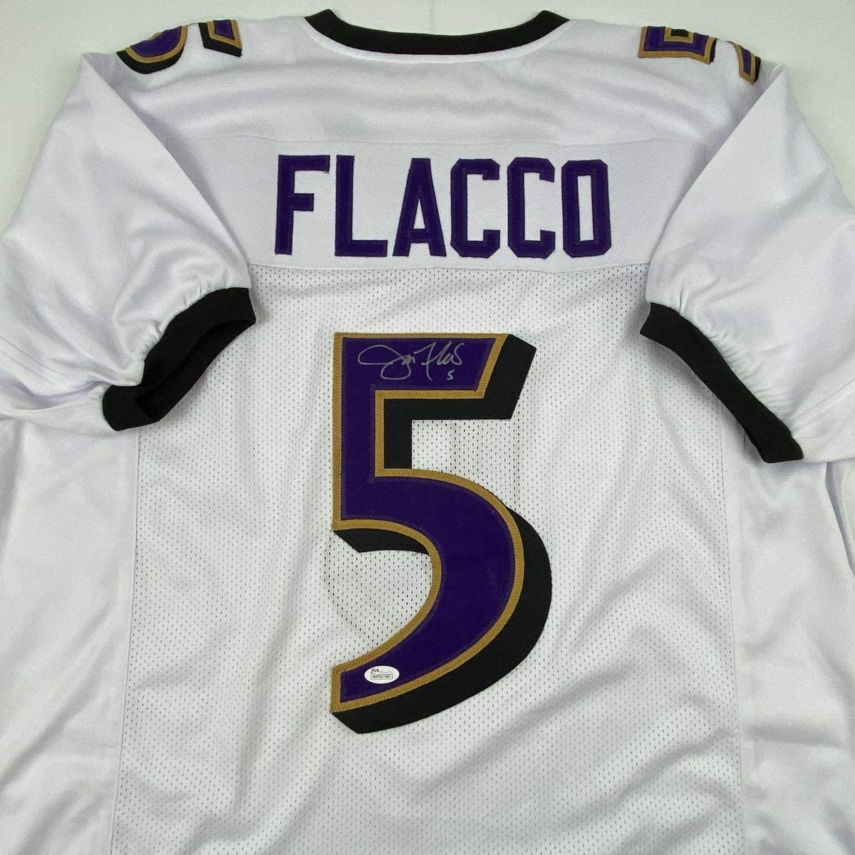 Autographed/Signed Joe Flacco Baltimore White Football Jersey JSA COA