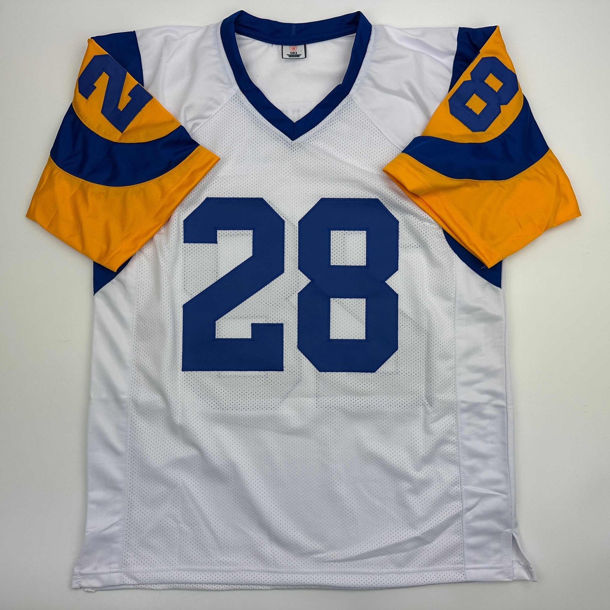 Autographed/Signed Marshall Faulk St. Louis Retro White Football Jersey Beckett BAS COA