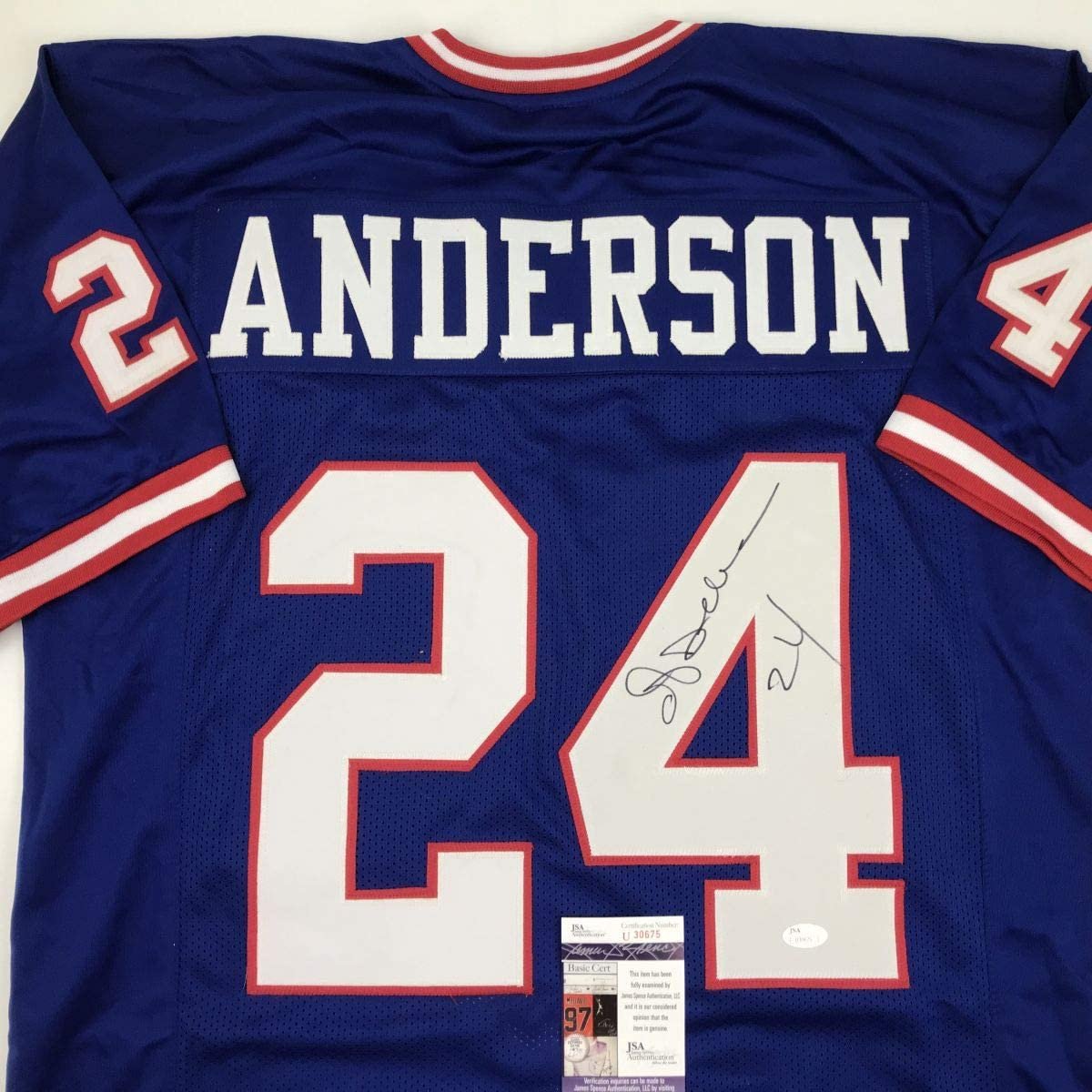 Autographed/Signed Ottis Anderson New York Blue Football Jersey JSA COA