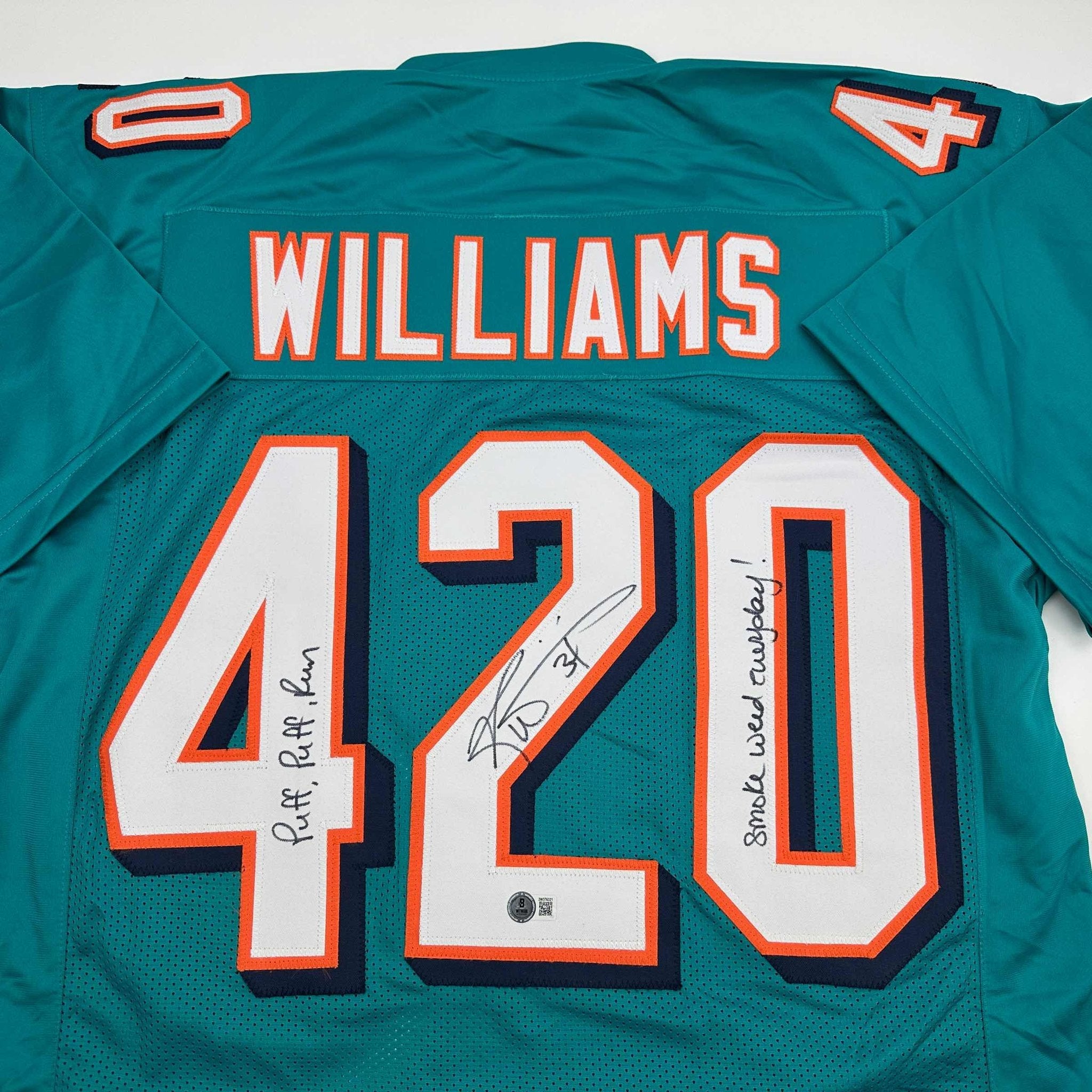 Autographed/Signed Ricky Williams Smoke Weed Everyday Puff Puff Run #420 Inscribed Miami Teal Football Jersey Beckett BAS COA
