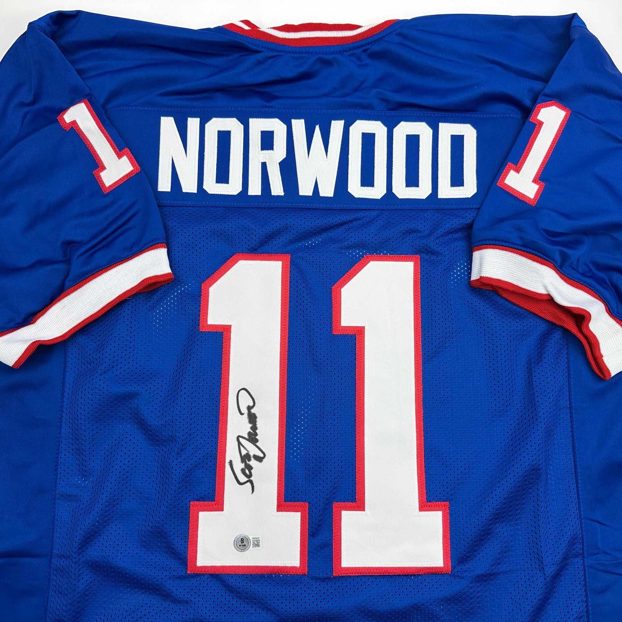 Autographed/Signed Scott Norwood Buffalo Blue Football Jersey Beckett BAS COA