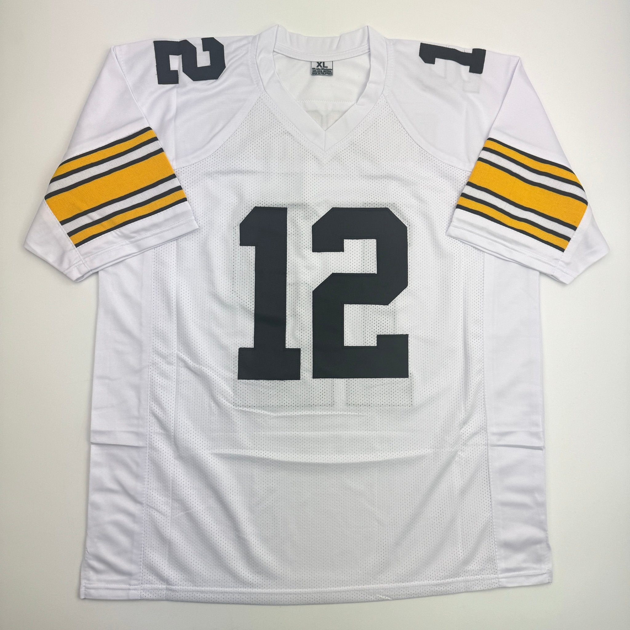 Autographed/Signed Terry Bradshaw Pittsburgh White Football Jersey Beckett BAS COA