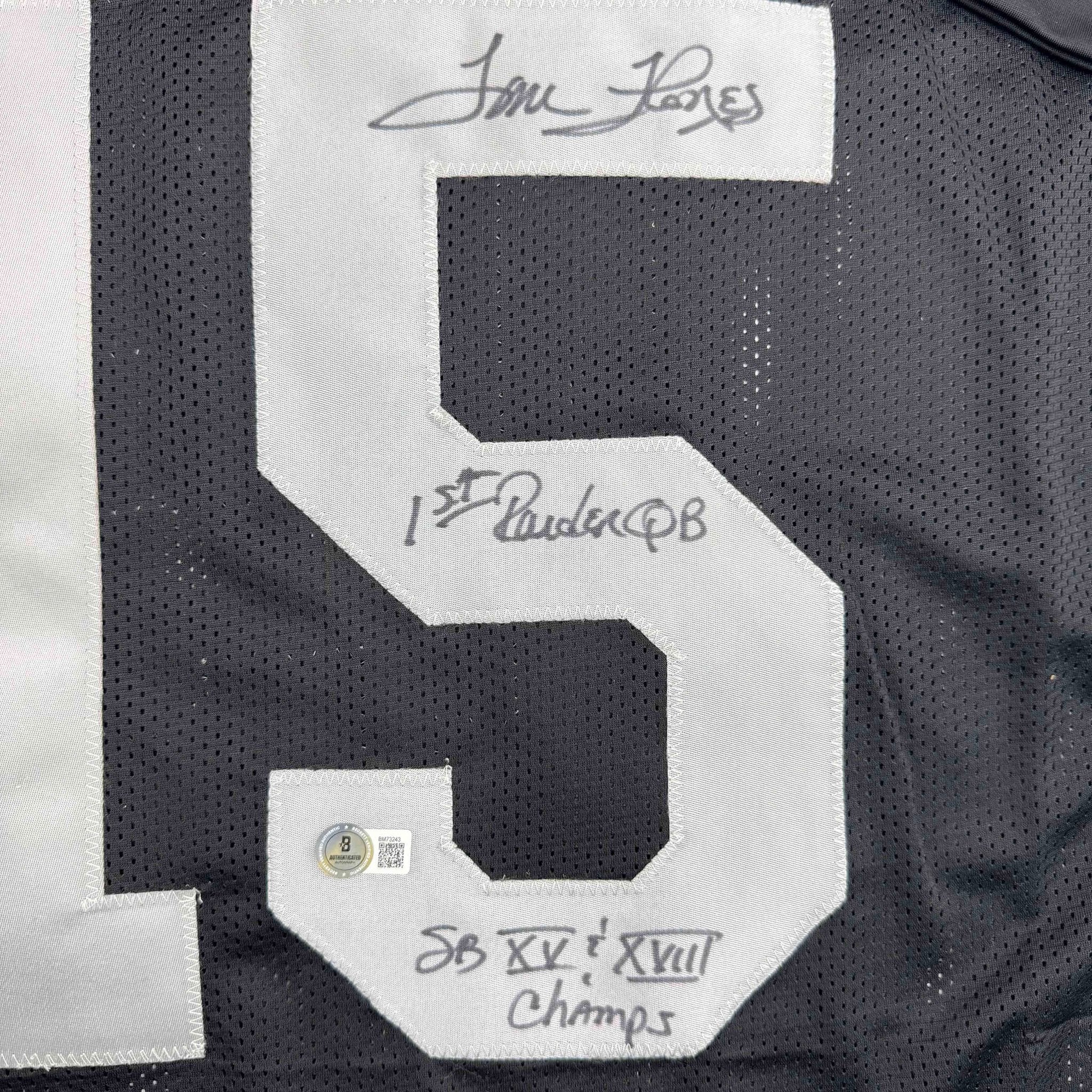 Autographed/Signed Tom Flores Las Vegas Oakland Black Football Jersey Beckett BAS COA