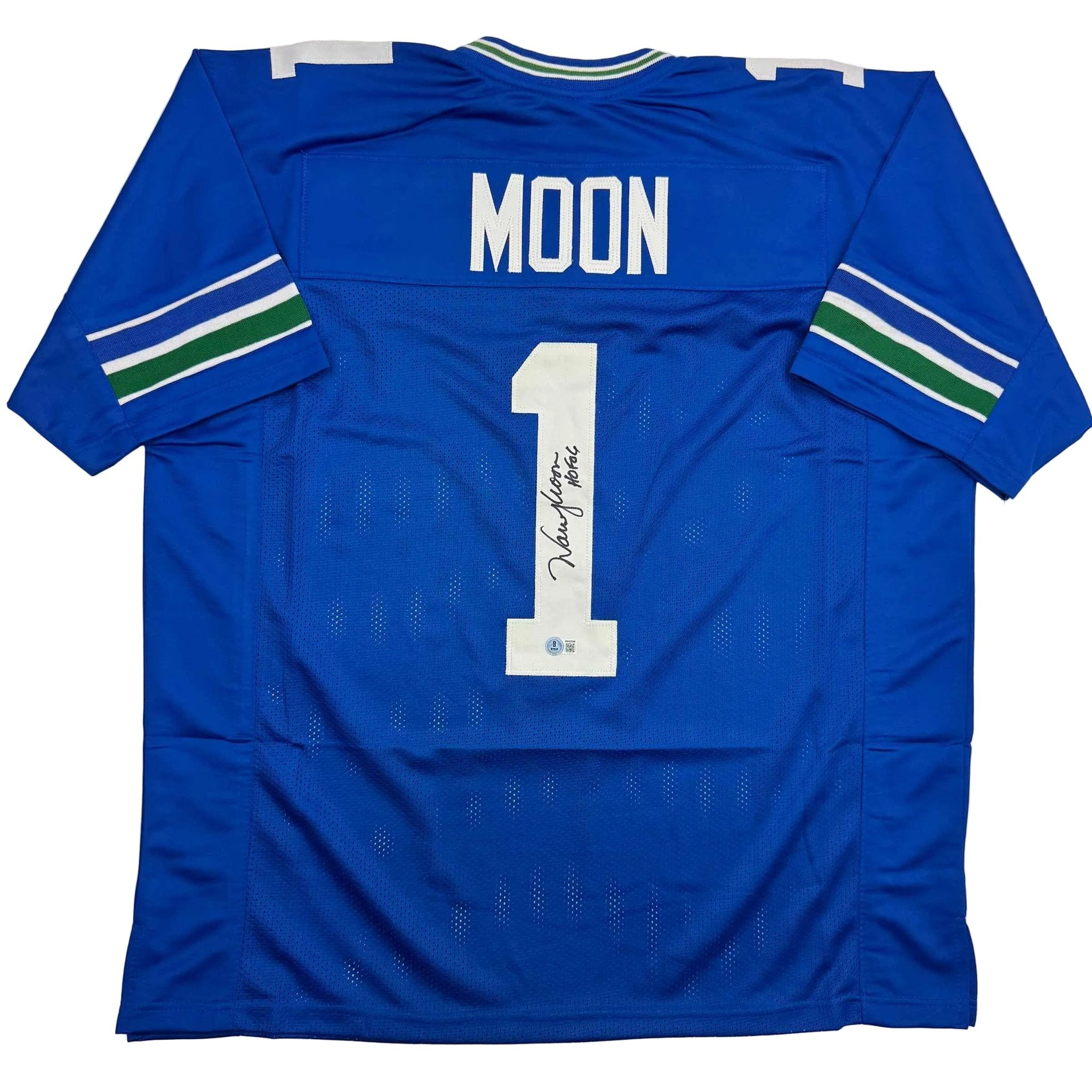 Autographed/Signed Warren Moon HOF 06 Seattle Blue Retro Football Jersey Beckett BAS COA