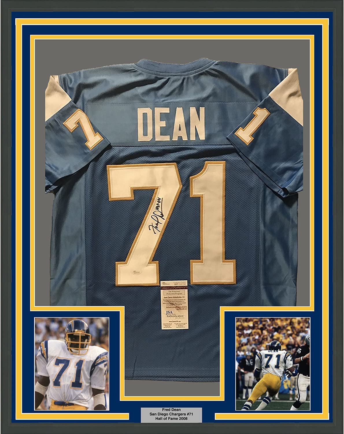 Framed Autographed/Signed Fred Dean HOF 08 35x39 San Diego Chargers Powder Blue Football Jersey JSA COA