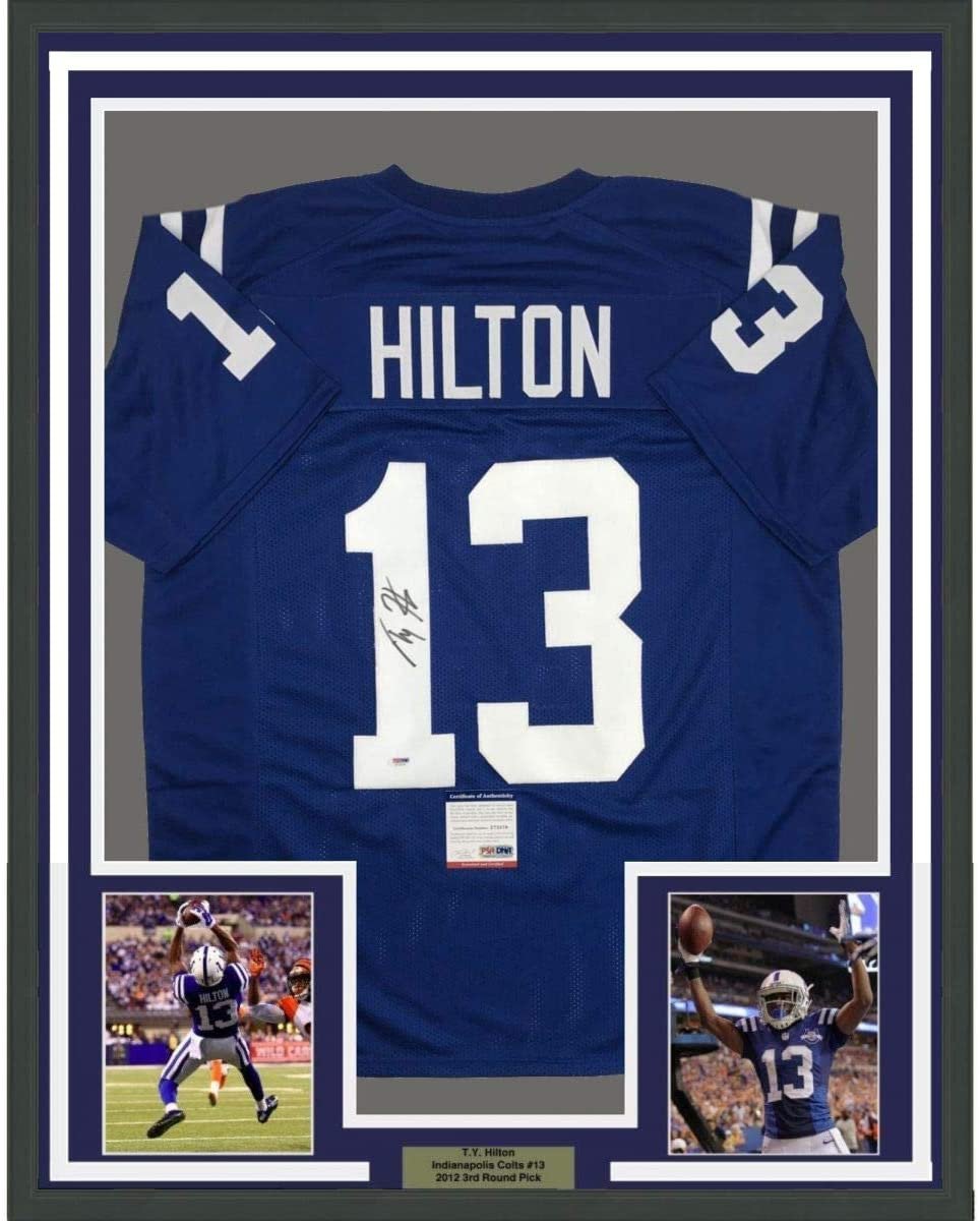 Framed Autographed/Signed TY T.Y. Hilton 35x39 Indianapolis Blue Football Jersey PSA/DNA COA