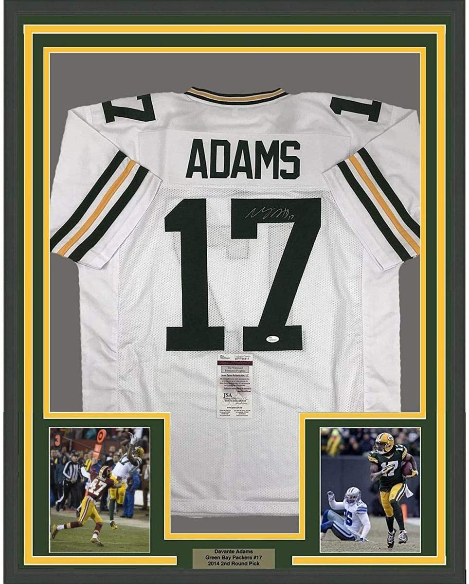 Framed Autographed/Signed Davante Adams 35x39 Green Bay White Football Jersey JSA COA