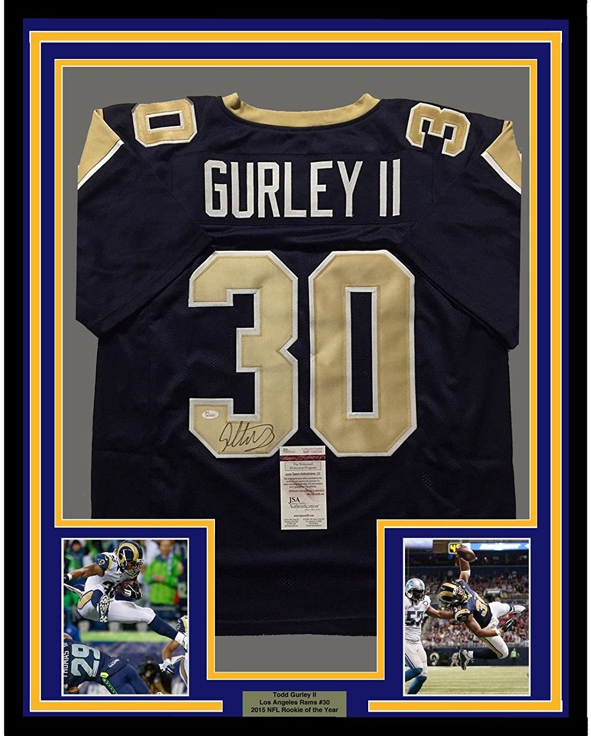 Framed Autographed/Signed Todd Gurley II 35x39 Los Angeles LA Rams Dark Blue Football Jersey JSA COA