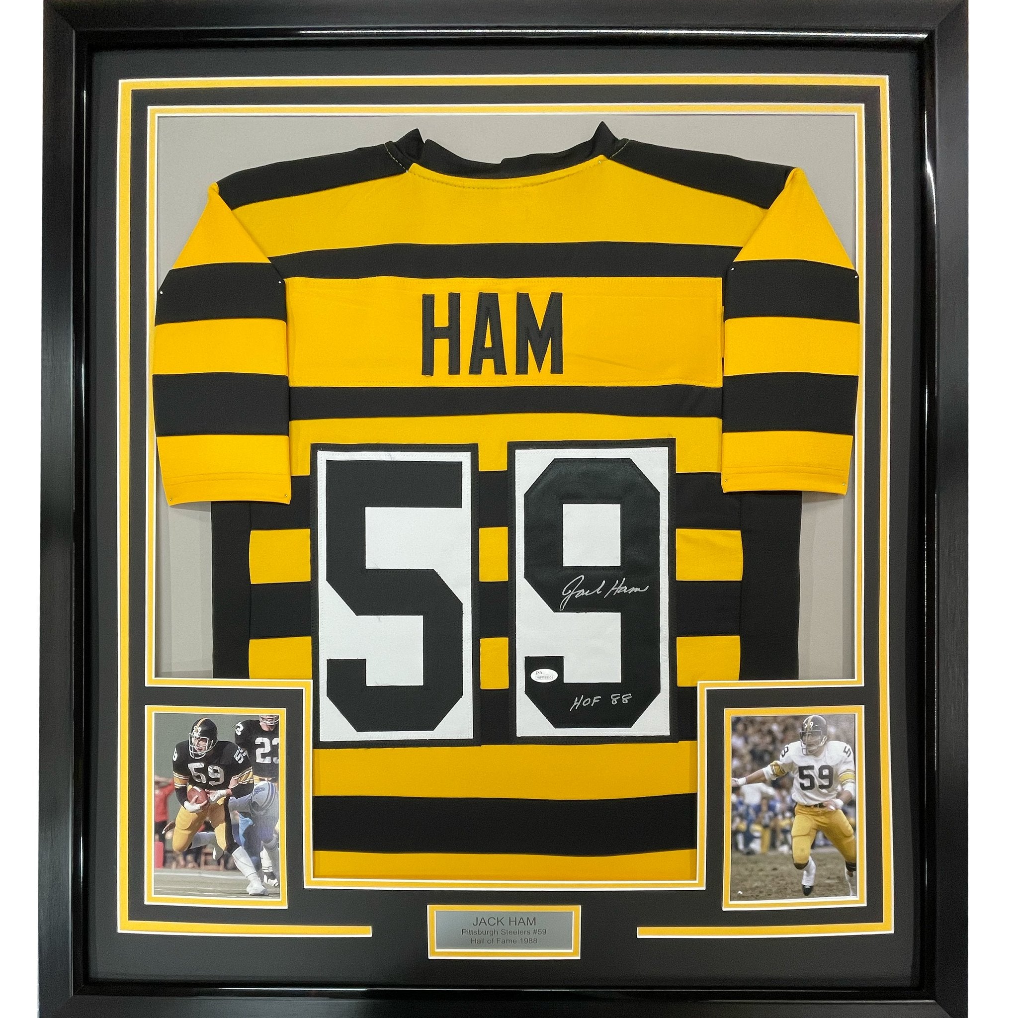 Framed Autographed/Signed Jack Ham HOF 88 35x39 Pittsburgh Bumble Bee Football Jersey JSA COA