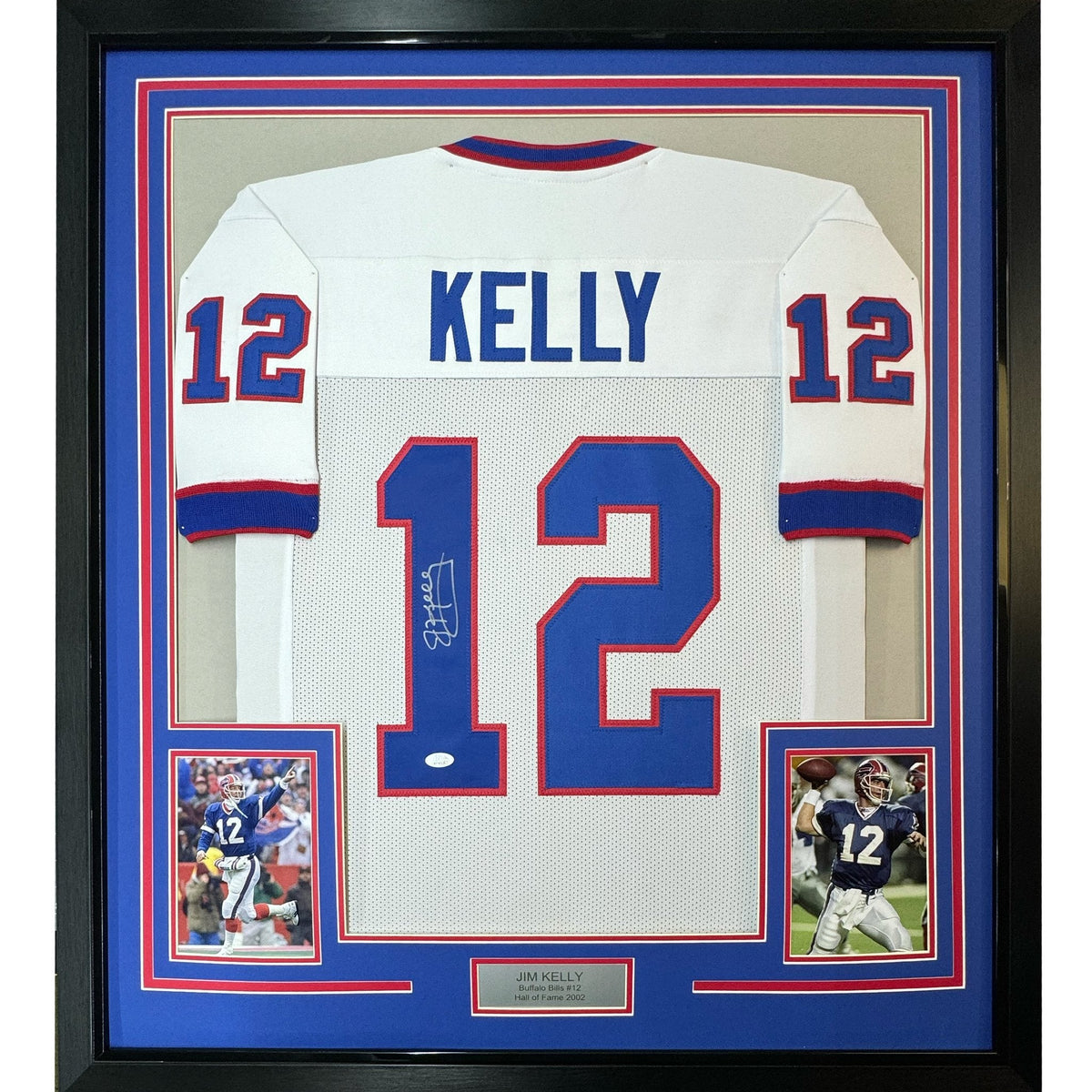Framed Autographed/Signed Jim Kelly 35x39 Buffalo White Football Jersey JSA COA
