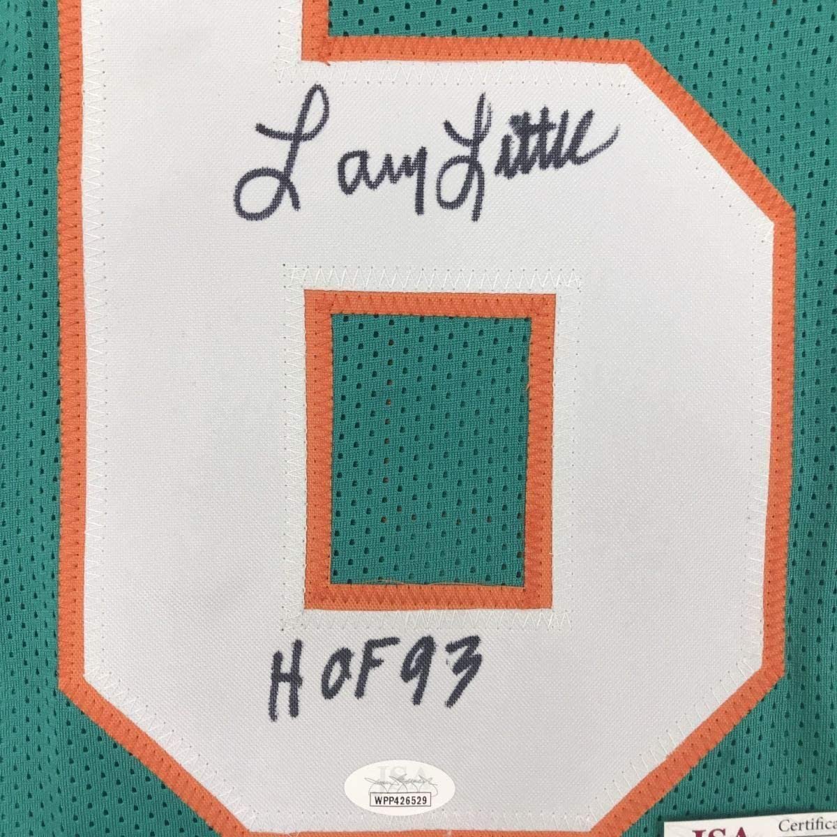 Framed Autographed/Signed Larry Little HOF 93 35x39 Miami Teal Football Jersey JSA COA