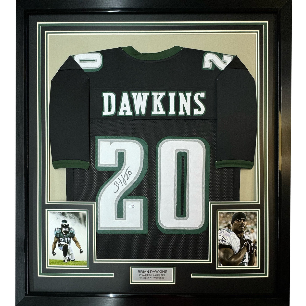 Framed Autographed/Signed Brian Dawkins 35x39 Philadelphia Black Football Jersey JSA COA