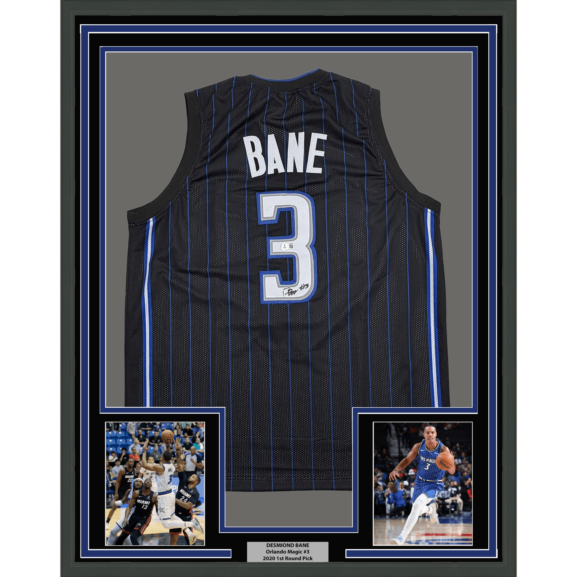 Framed Autographed/Signed Desmond Bane 35x39 Orlando Black Pinstripe Basketball Jersey Beckett BAS COA