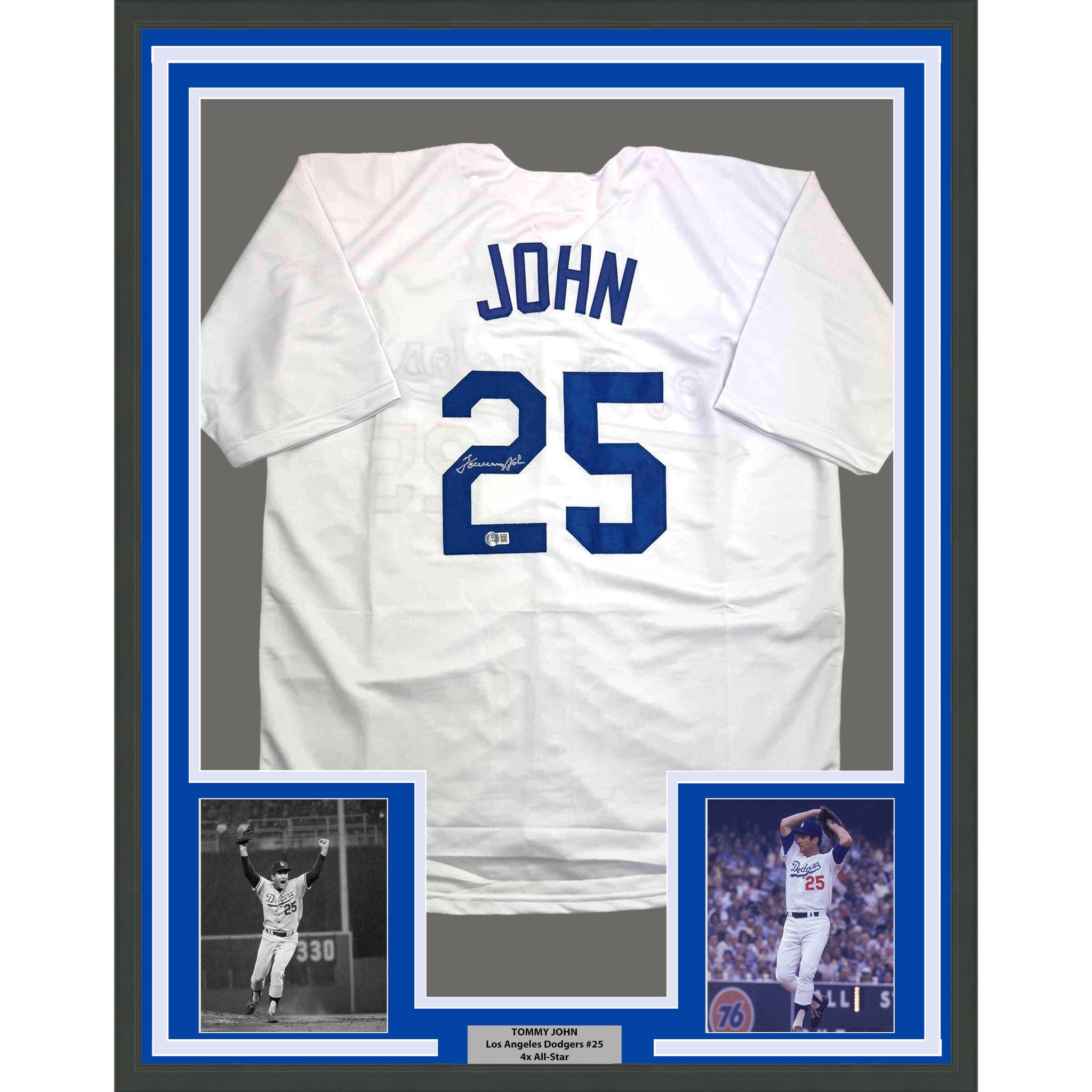 Framed Autographed/Signed Tommy John 35x39 Los Angeles White Baseball Jersey Beckett BAS COA