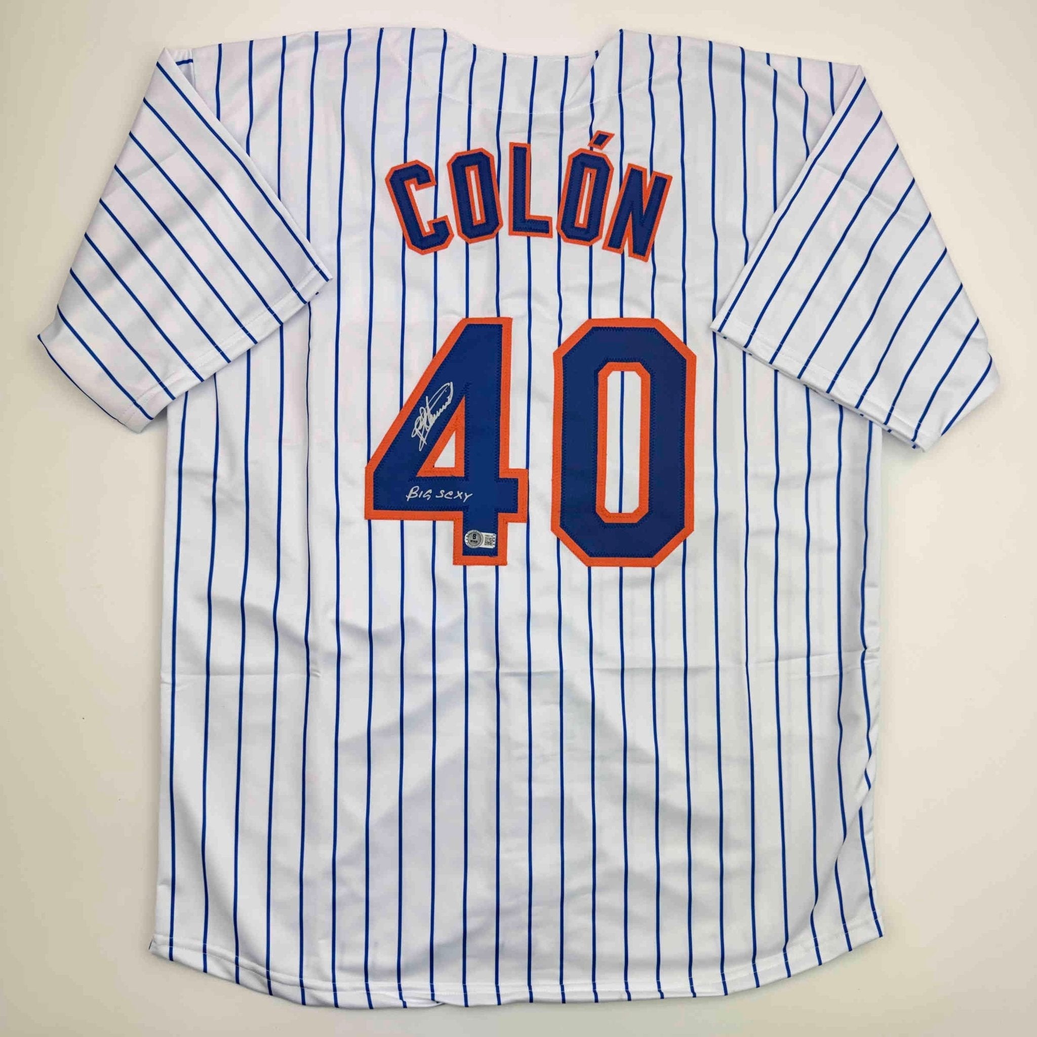 Autographed/Signed Bartolo Colon Inscribed Big Sexy New York Pinstripe Baseball Jersey Beckett BAS COA