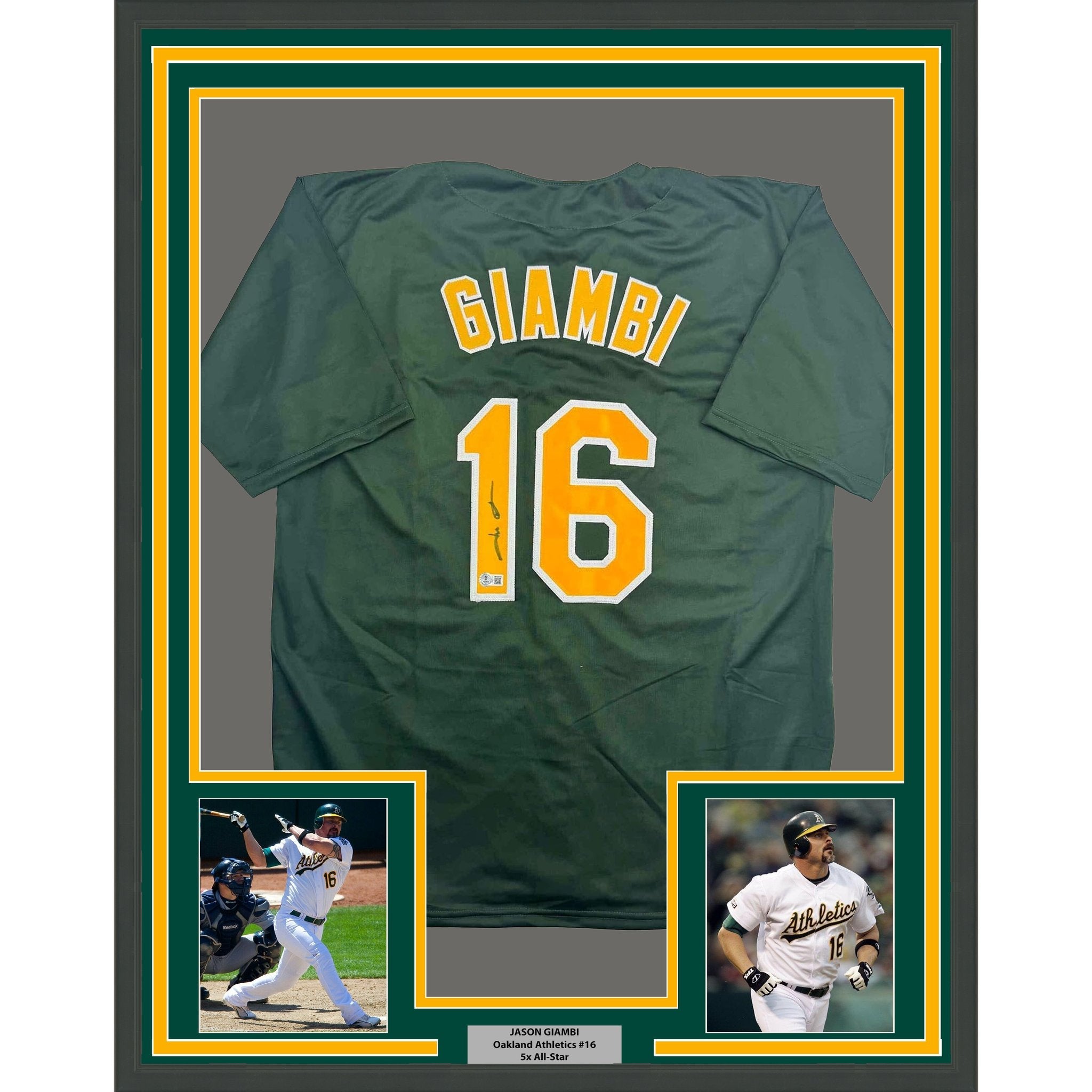 Framed Autographed/Signed Jason Giambi 35x39 Oakland Green Baseball Jersey Beckett BAS COA