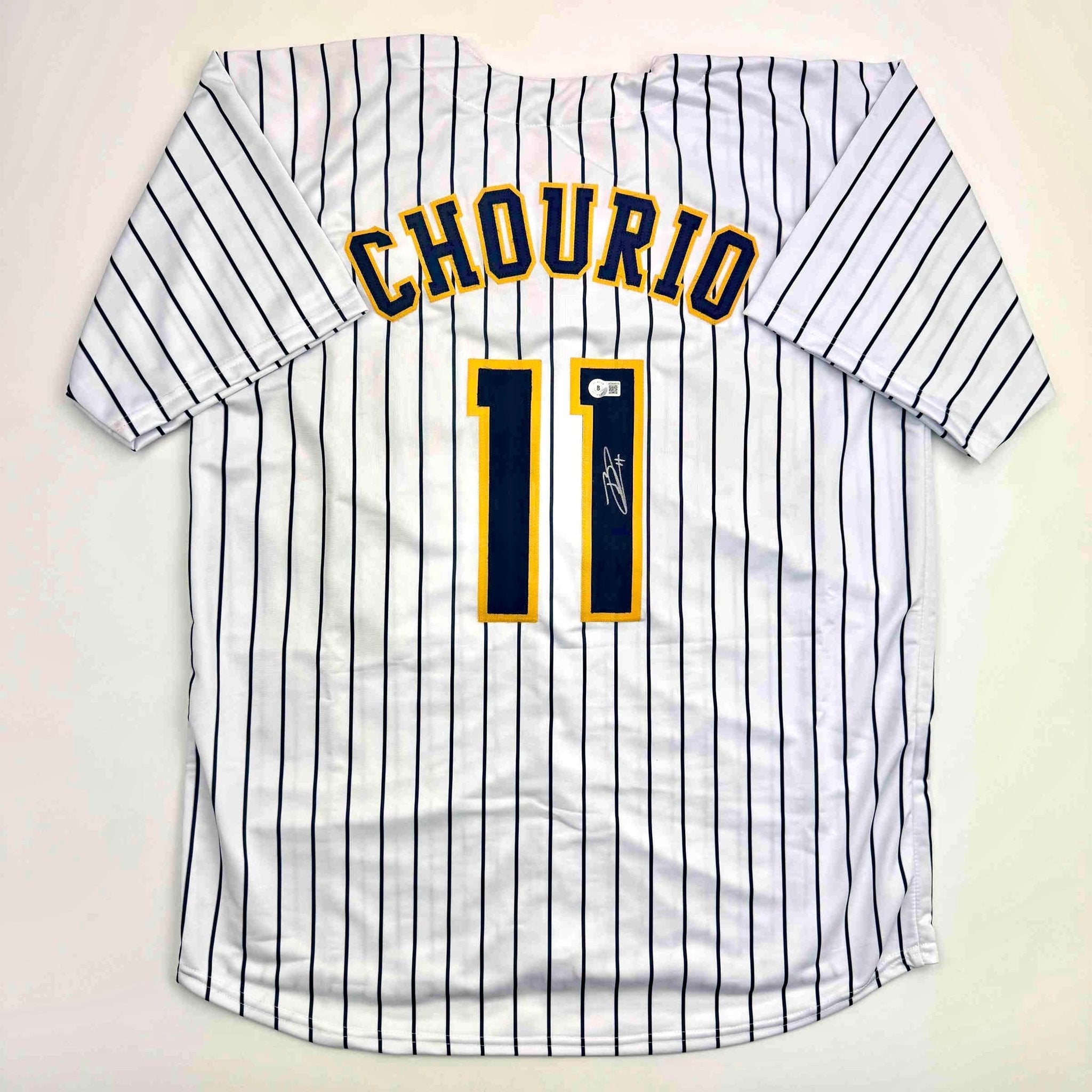 Autographed/Signed Jackson Chourio Milwaukee Pinstripe Baseball Jersey Beckett BAS COA