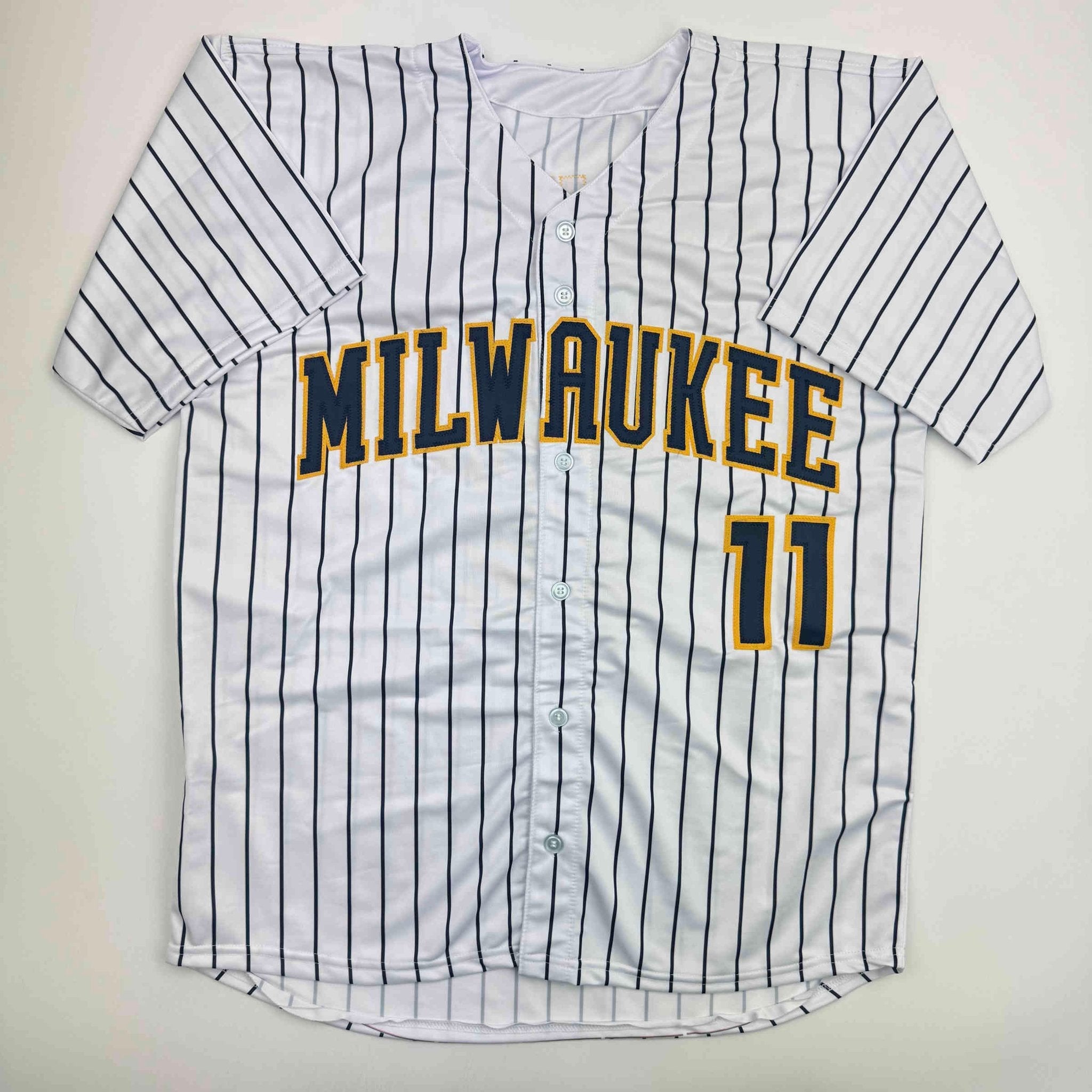 Autographed/Signed Jackson Chourio Milwaukee Pinstripe Baseball Jersey Beckett BAS COA