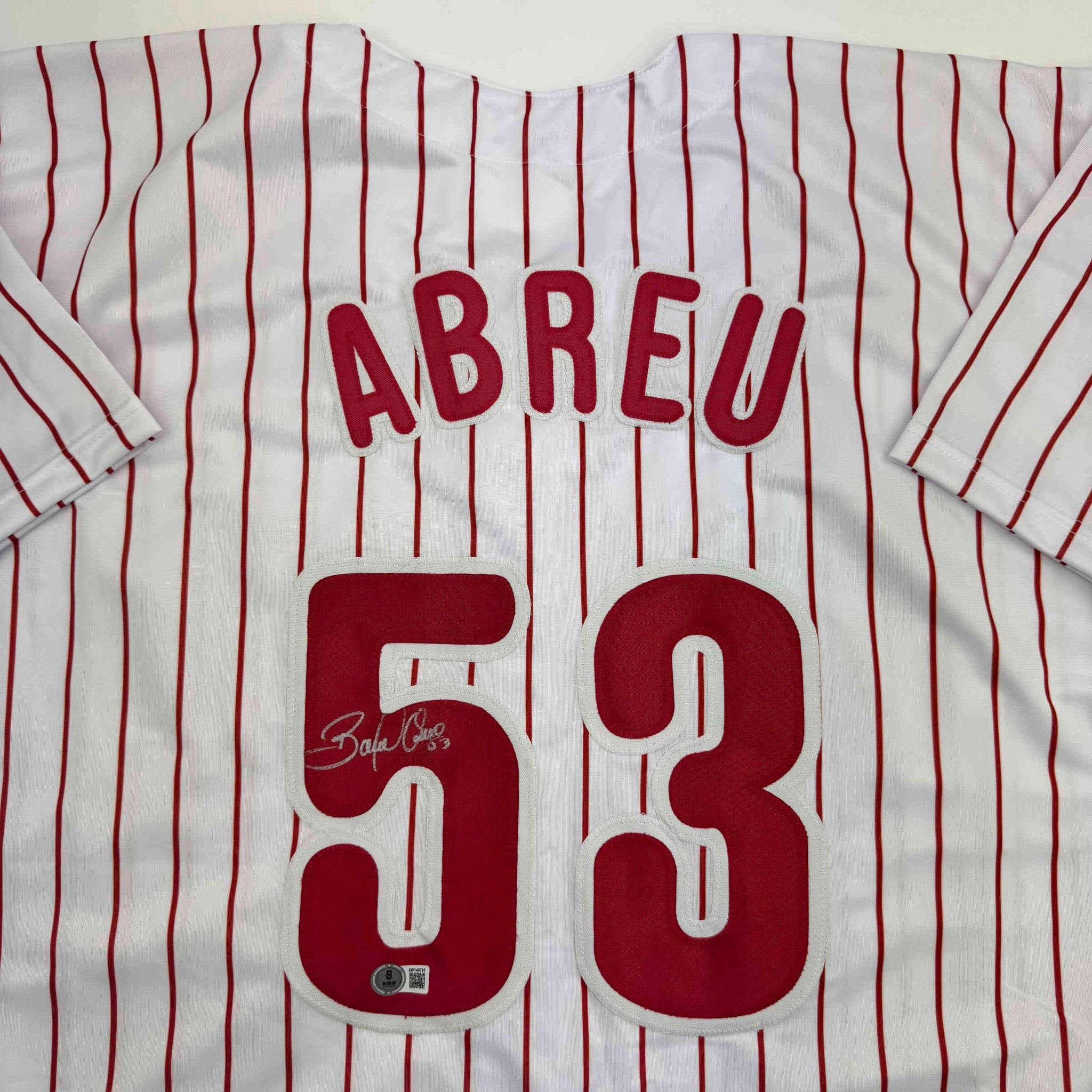 Autographed/Signed Bobby Abreu Philadelphia Pinstripe Baseball Jersey Beckett BAS COA