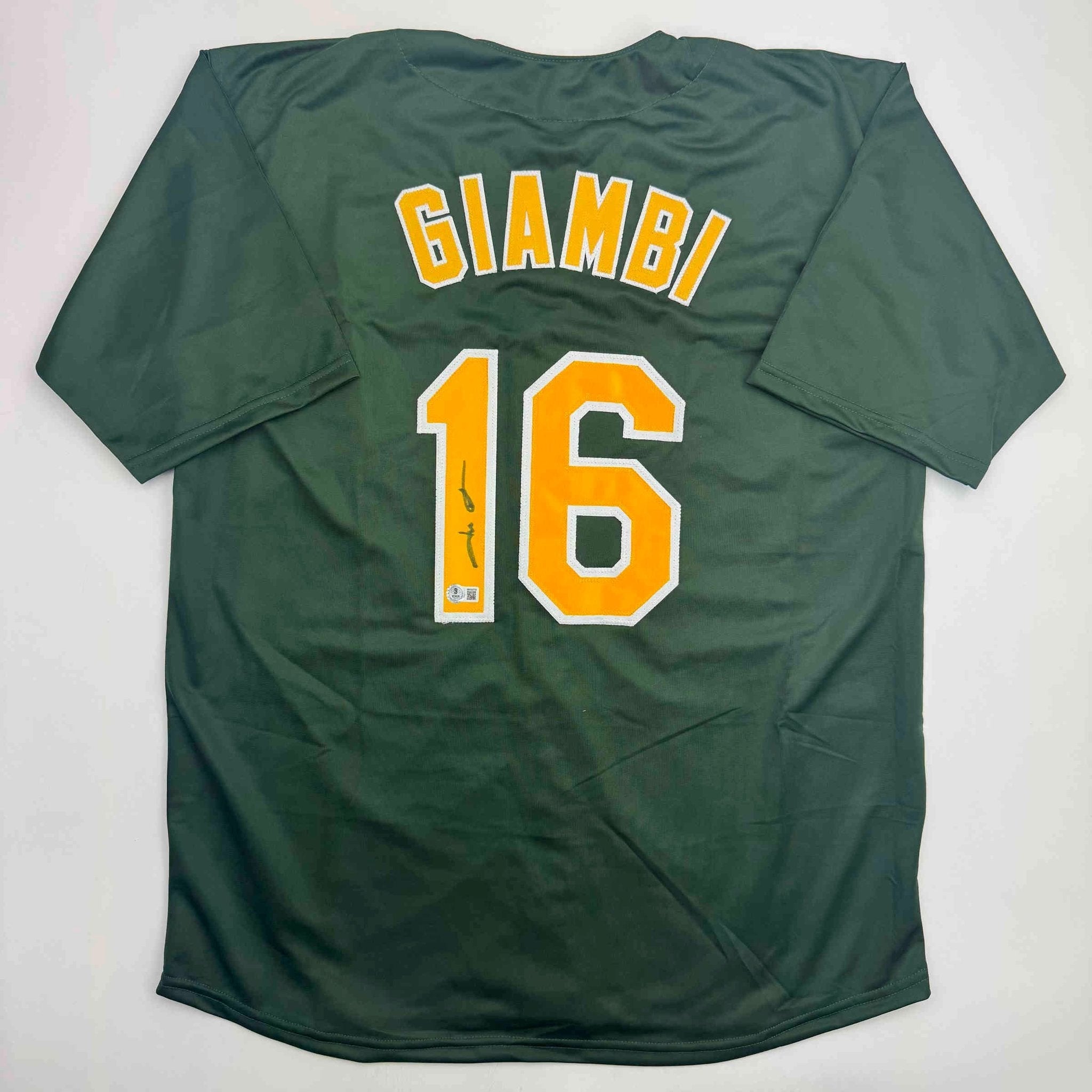 Autographed/Signed Jason Giambi Oakland Green Baseball Jersey Beckett BAS COA