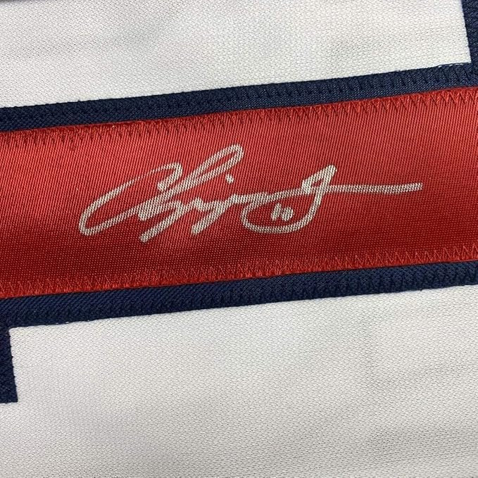 Framed Autographed/Signed Chipper Jones 35x39 Atlanta White Stat Baseball Jersey JSA COA