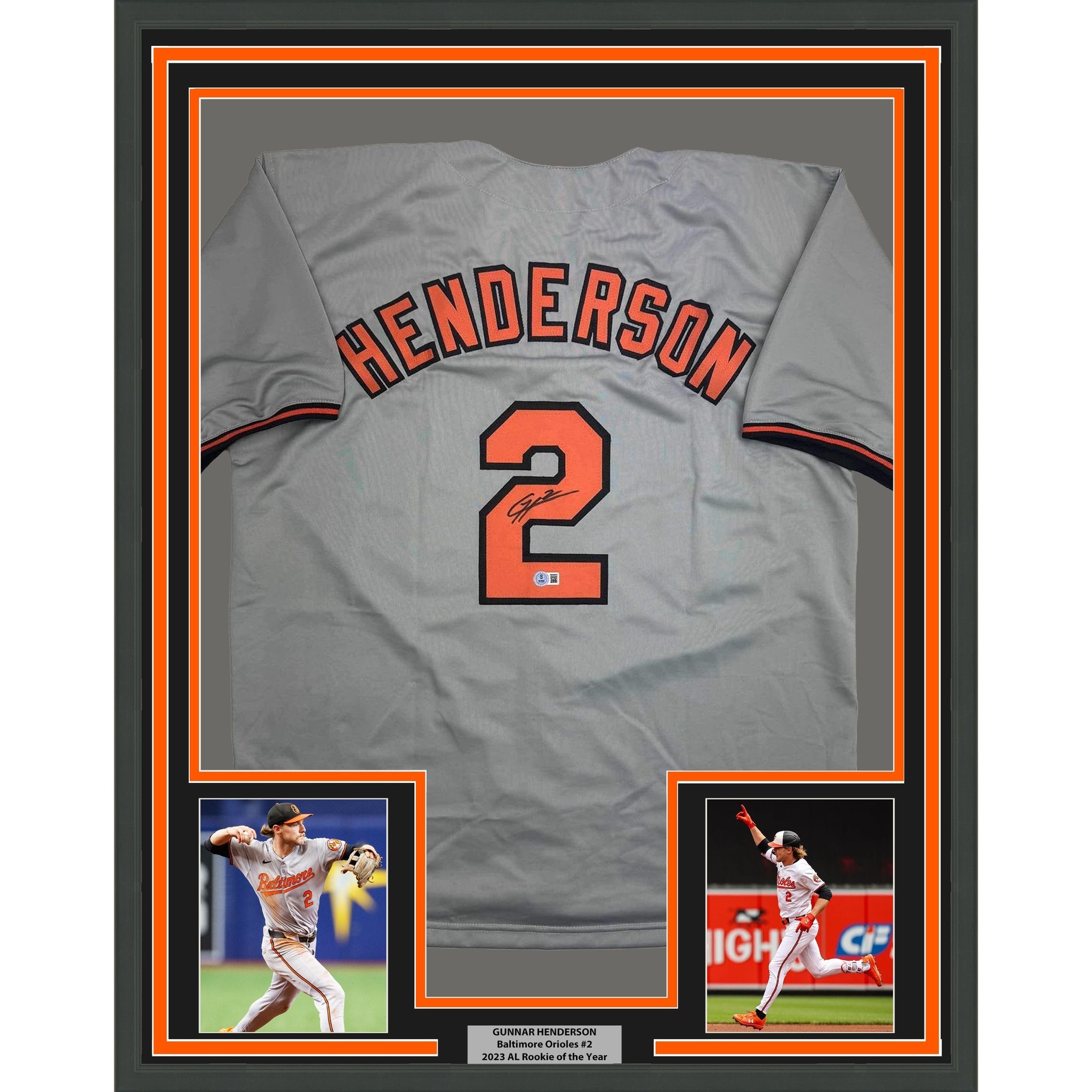 Framed Autographed/Signed Gunnar Henderson 35x39 Baltimore Grey Baseball Jersey Beckett BAS COA