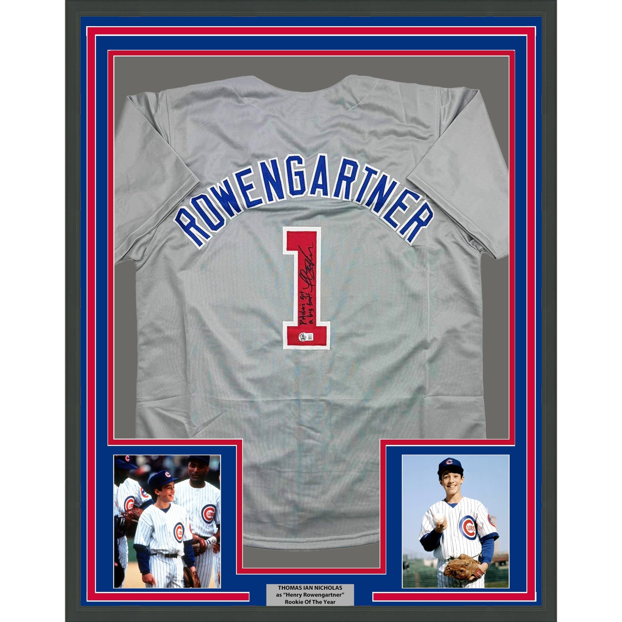 Framed Autographed/Signed Thomas Ian Nicholas Henry Rowengartner Rookie 35x39 Of The Year Chicago Grey Baseball Jersey Beckett BAS COA